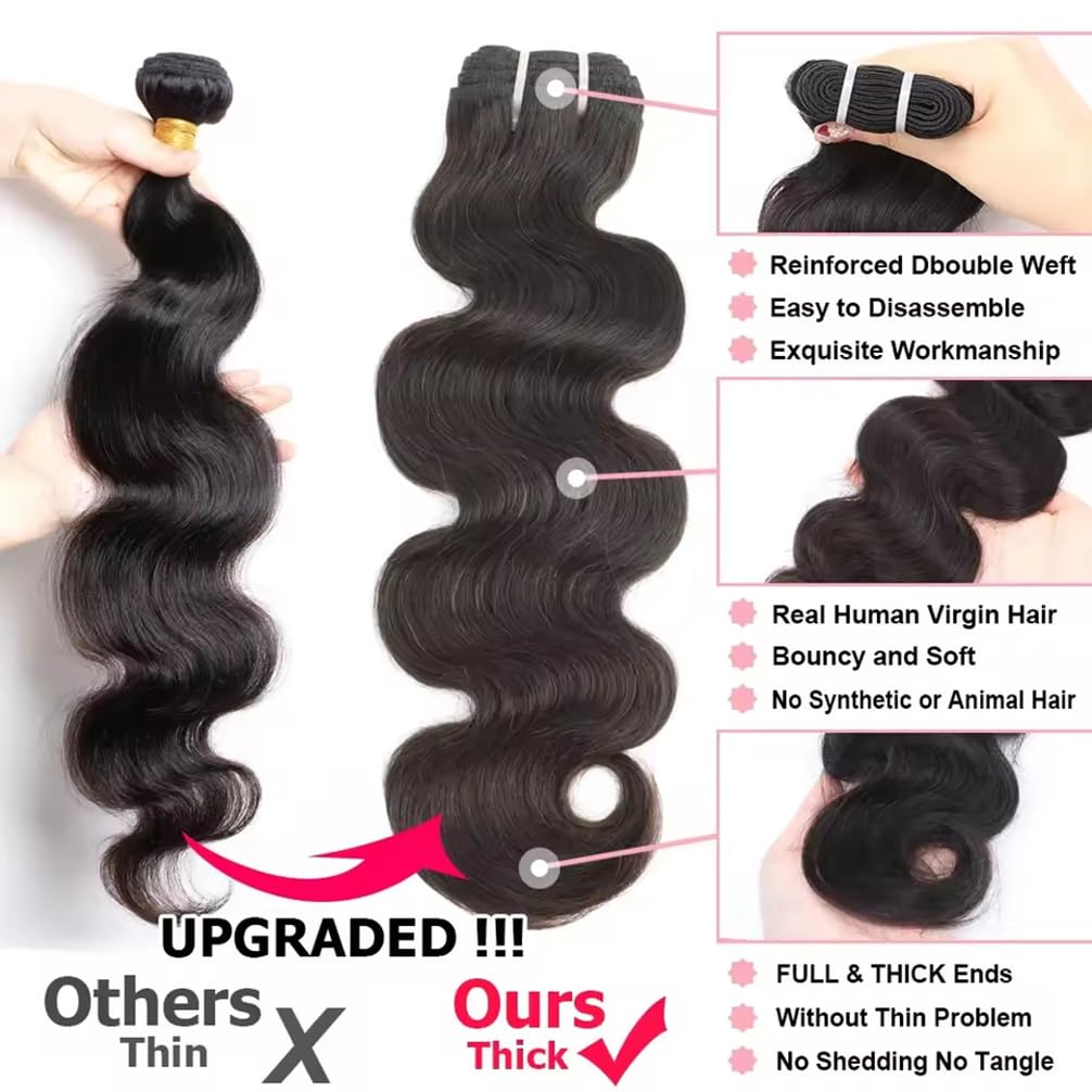 16A 100% Unprocessed Brazilian Virgin Remy Human Hair Bundles - Body Wave (16 18 20 22 Inch) for Black Women - Natural Color Wavy Hair Extensions for Styling, Weaving & Protective Hairstyles