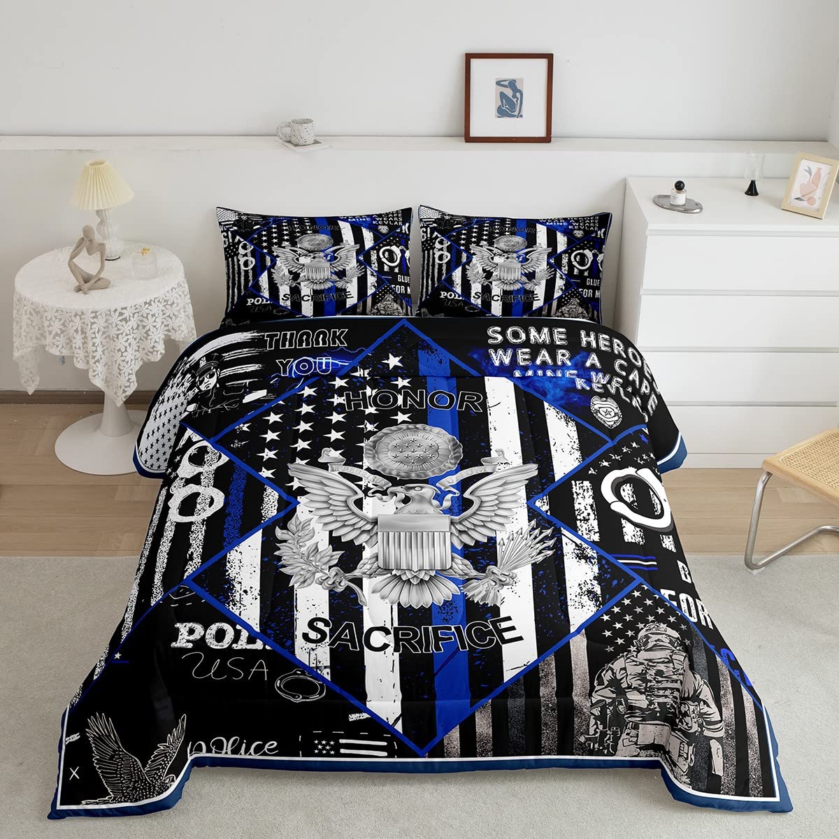 Manfei Full Size American Flag Comforter Set - Patriotic Soldier Eagle Print Bedding 3pc Set for Kids, Boys & Teens | Black White Stripe Star Quilt with 2 Pillowcases | USA Flag Duvet Cover for Bedroom Decor, Dorm Room & Patriotic Holidays