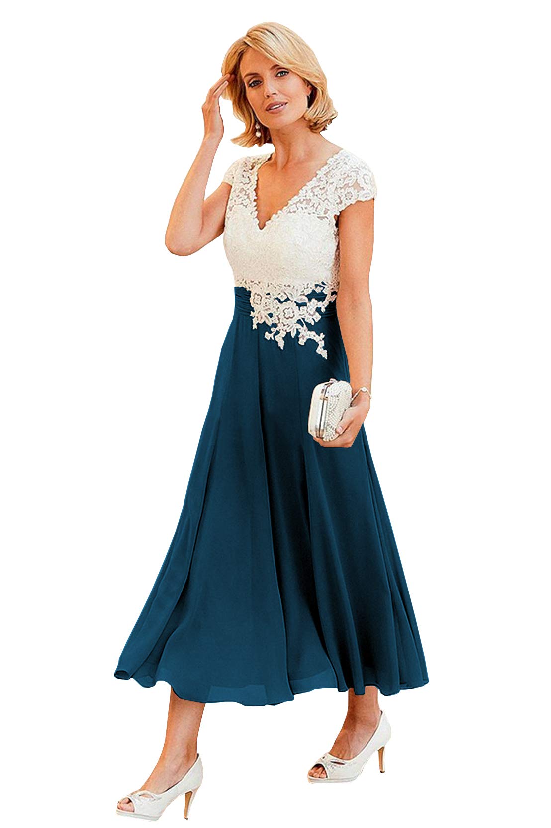 Elegant V-Neck Lace Mother of the Bride Dress - Tea Length Chiffon A-Line Formal Gown for Weddings & Special Occasions | Perfect for Wedding Ceremonies, Receptions & Formal Events