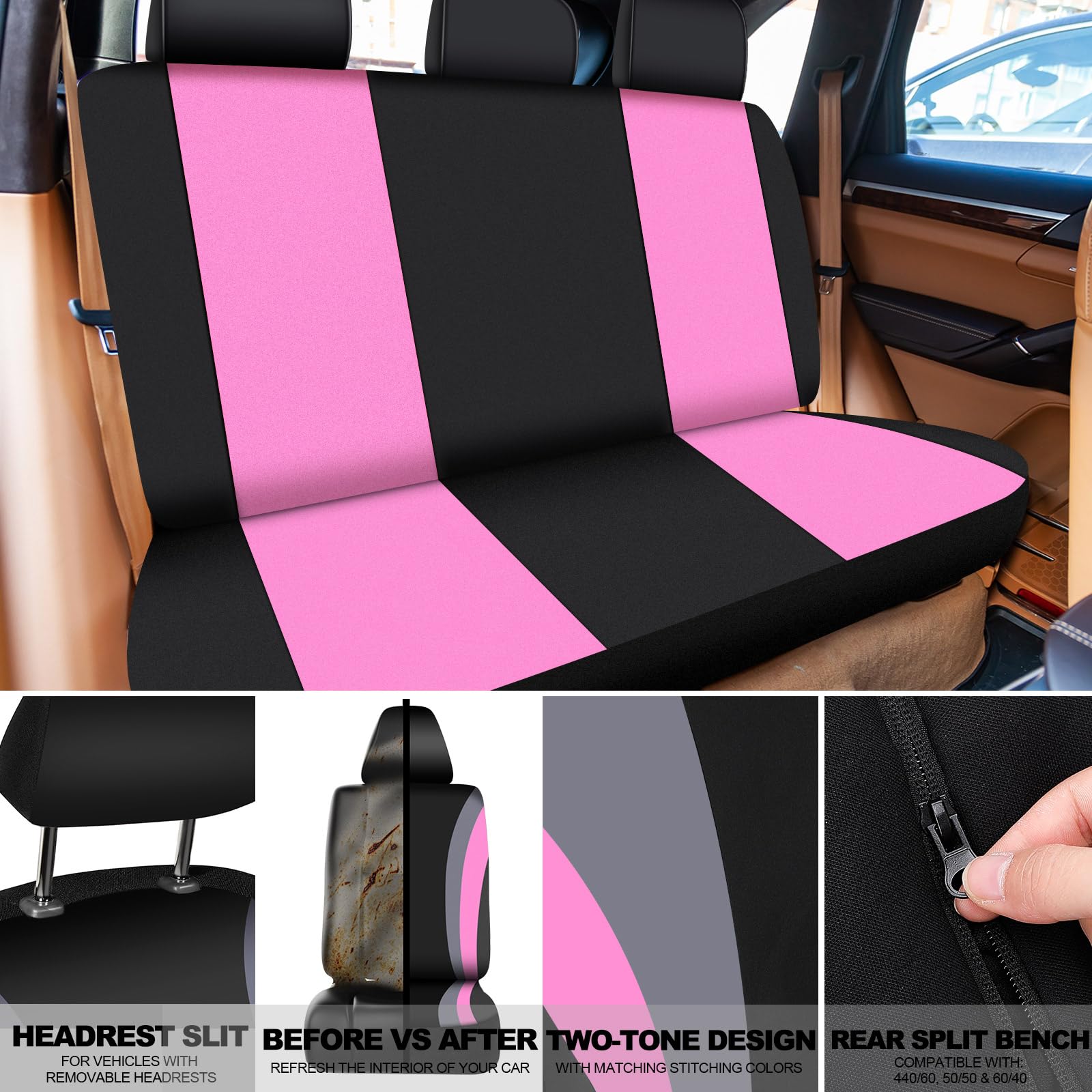 ROCEEI 43-Piece Fuzzy Car Seat Cover Set - Soft Front & Rear Seat Covers, Fluffy Steering Wheel Cover, Belt & Handbrake Protectors (Pink, Gray, Black) | Cozy Winter Car Accessories for Women, Perfect Christmas Gift & Cold Weather Comfort Upgrade