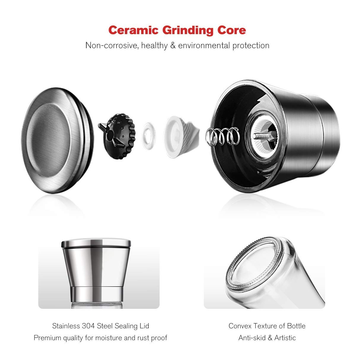 Premium Stainless Steel Salt and Pepper Grinder Set - Adjustable Coarseness with 5 Grinding Levels - Kitchen Spice Mill for Freshly Ground Seasoning - Perfect for Cooking, Baking, and Tabletop Use