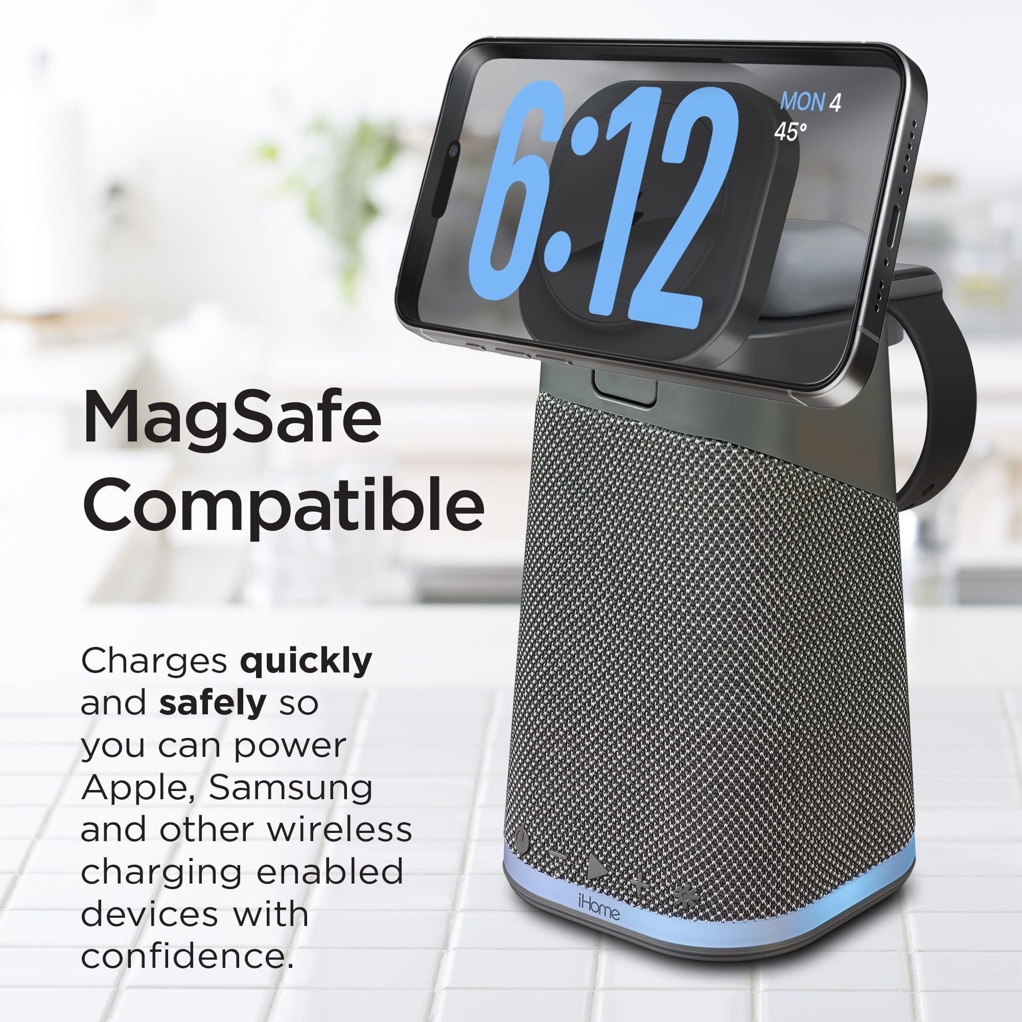 iHome Wireless Charger for iPhone, Apple Watch & AirPods | Bluetooth Speaker with Color Changing Night Light | Dark Grey (iPBT70DG) | Perfect for Bedside, Office & Travel Charging Station