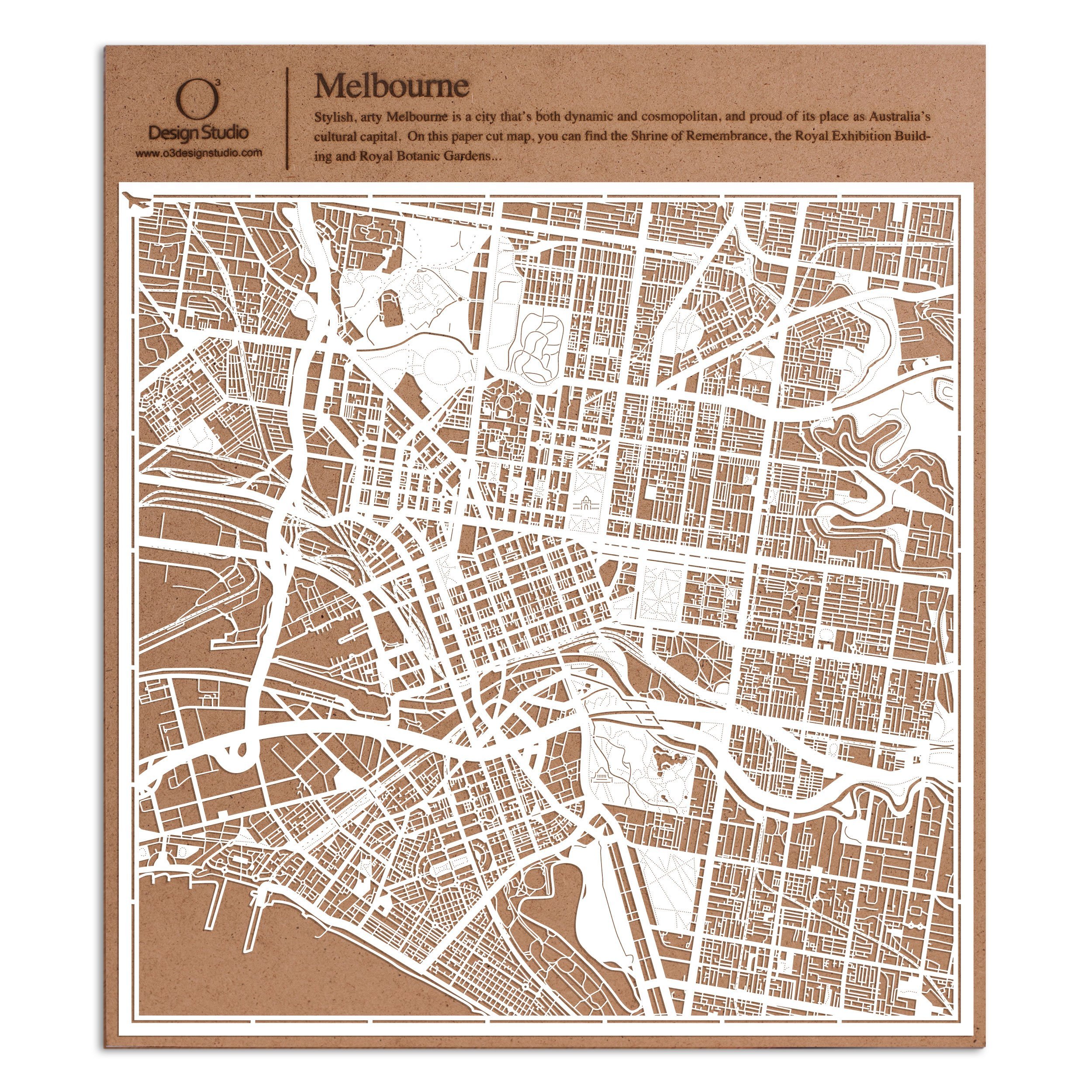 O3 Design Studio Melbourne Paper Cut Map - 12x12 Inch White Paper Art Wall Decor for Home, Office & Gift Giving