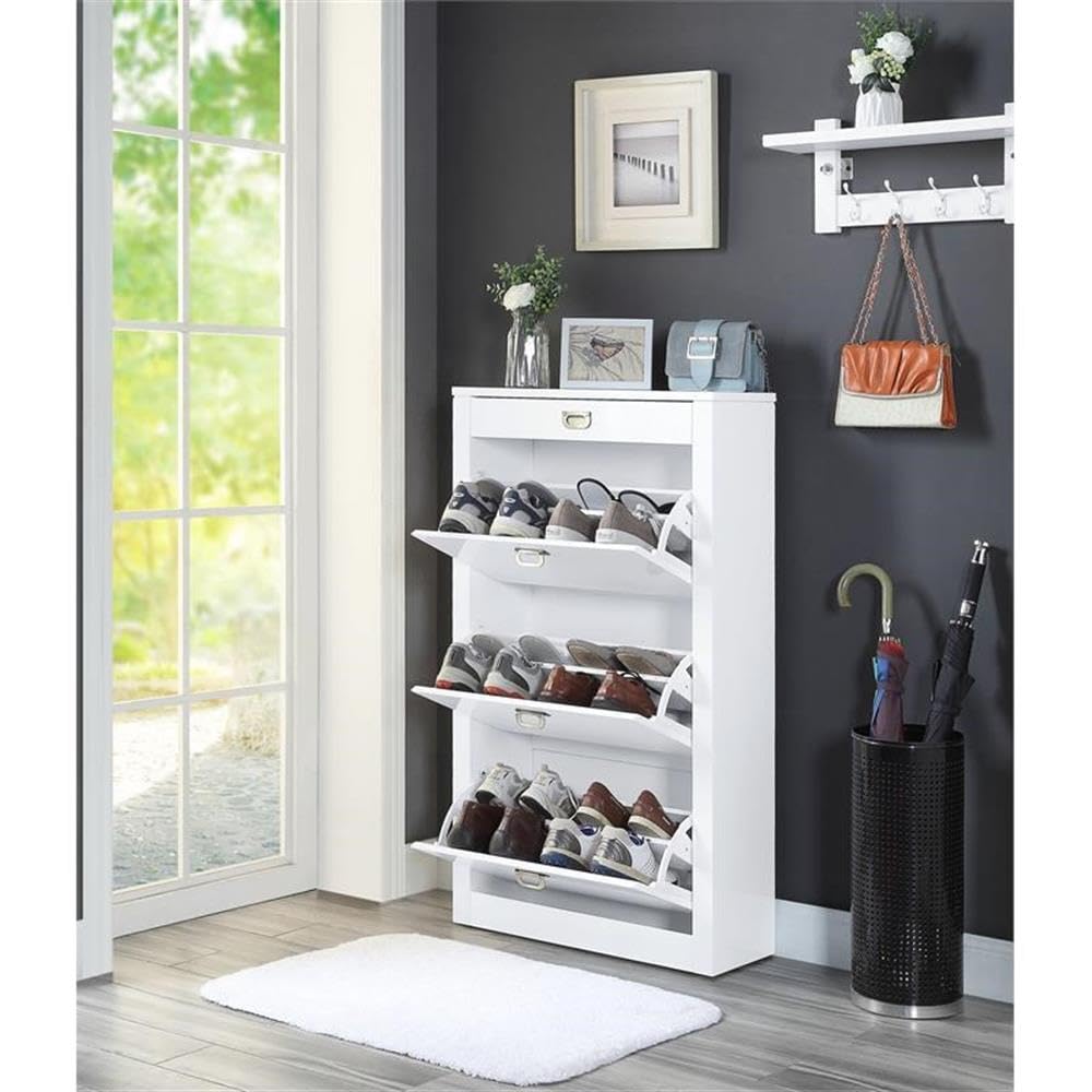 Acme Pagan White High Gloss Wooden Shoe Cabinet with Drawer - Perfect for Entryway, Hallway & Closet Organization