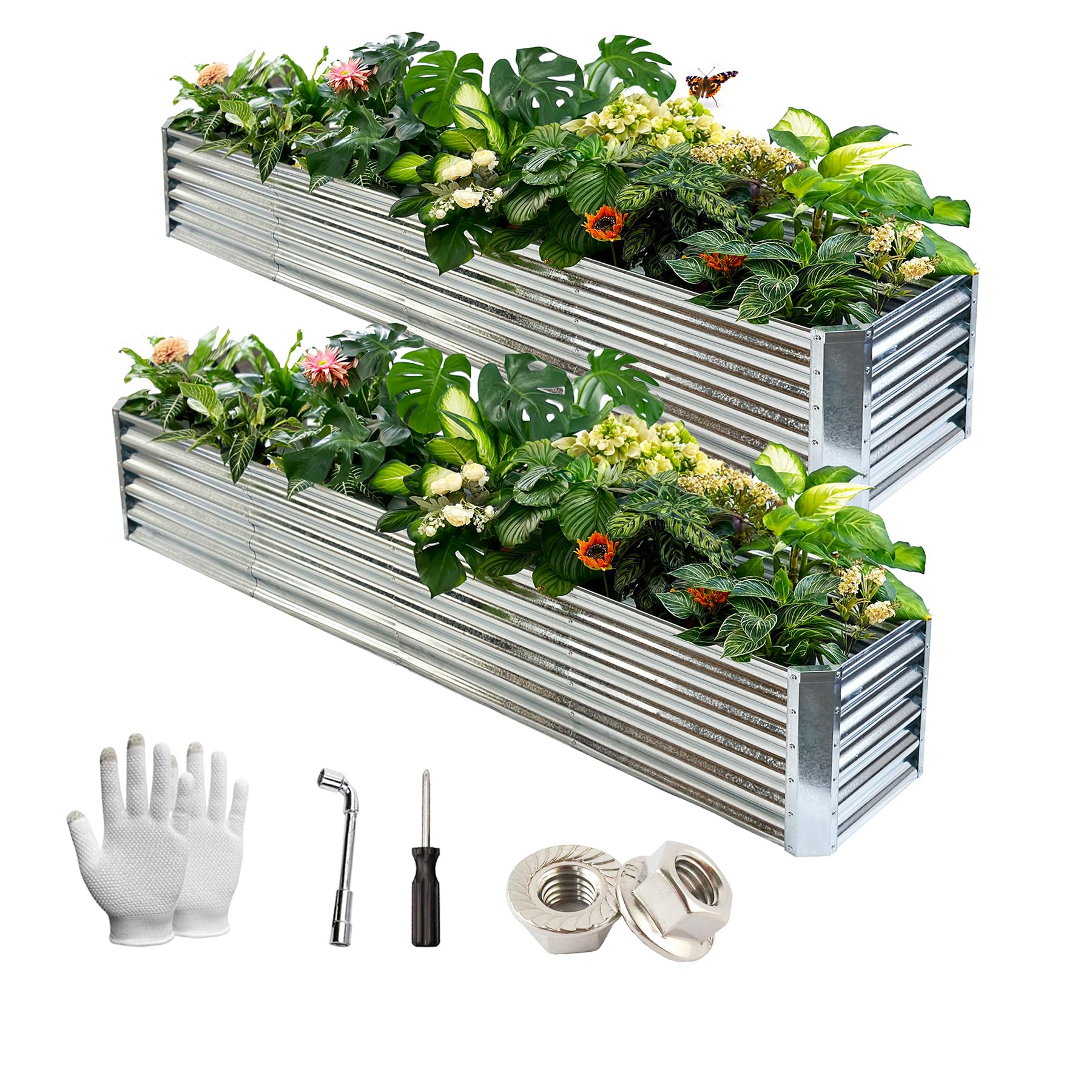 Growgoes 8ft Galvanized Steel Raised Garden Bed Kit - 2 Pack with 10 Modular Planters for Vegetables, Flowers & Herbs | 17