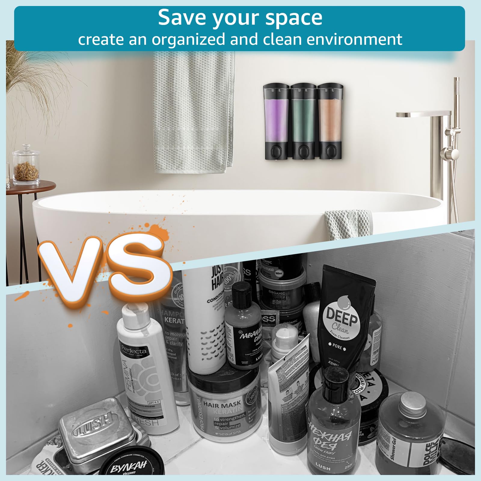 No-Drill Wall Mount Shampoo & Conditioner Dispenser - 3 Chamber Bathroom Liquid Soap Pump Set (3x300ml, Black) for Shower, Hotel & Home Use - Space Saving Solution for Organized Bathrooms