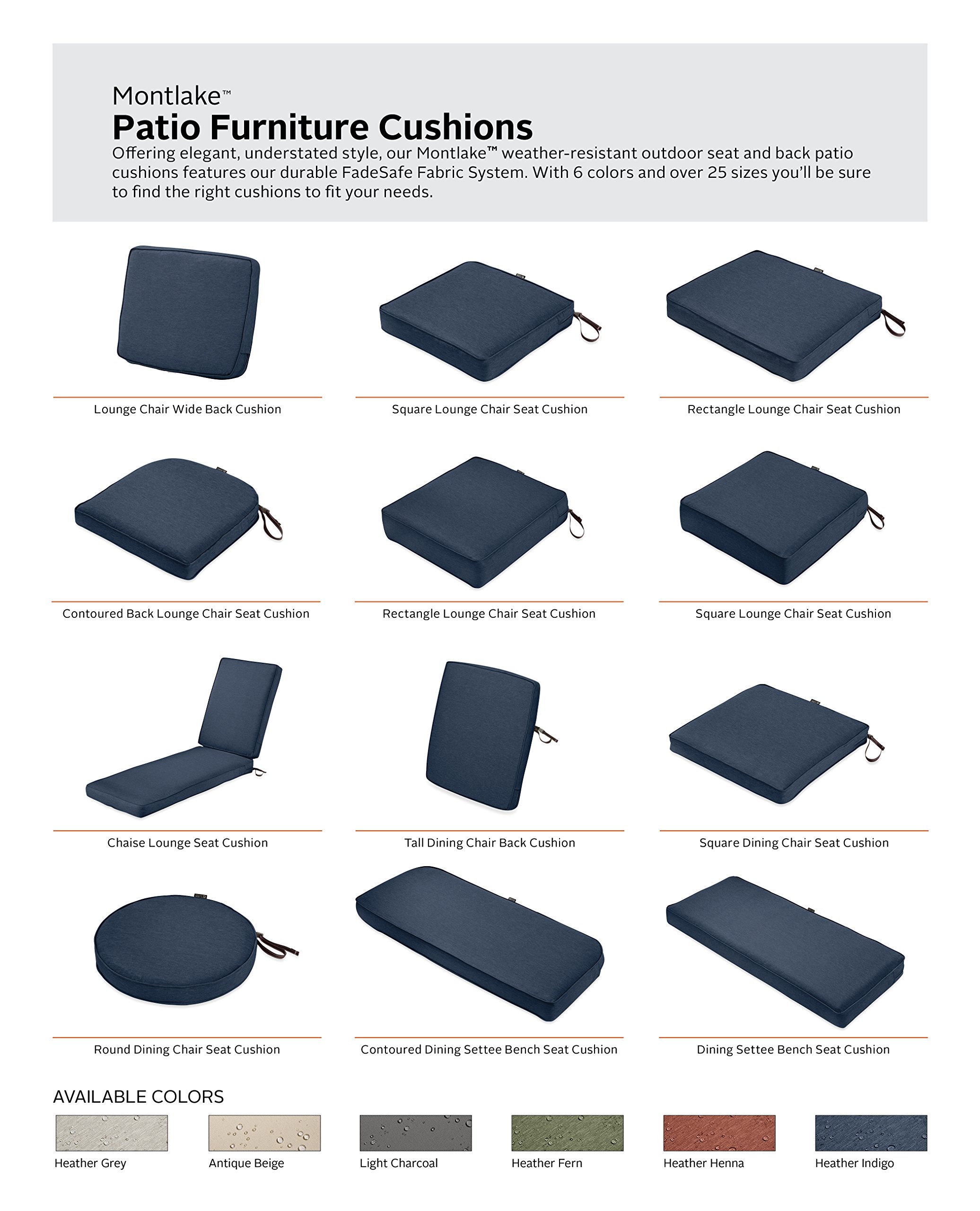 Classic Accessories Montlake 72x21 Outdoor Chaise Lounge Cushion - FadeSafe, Water-Repellent, Heather Indigo - Perfect for Patio, Poolside, and Garden Relaxation