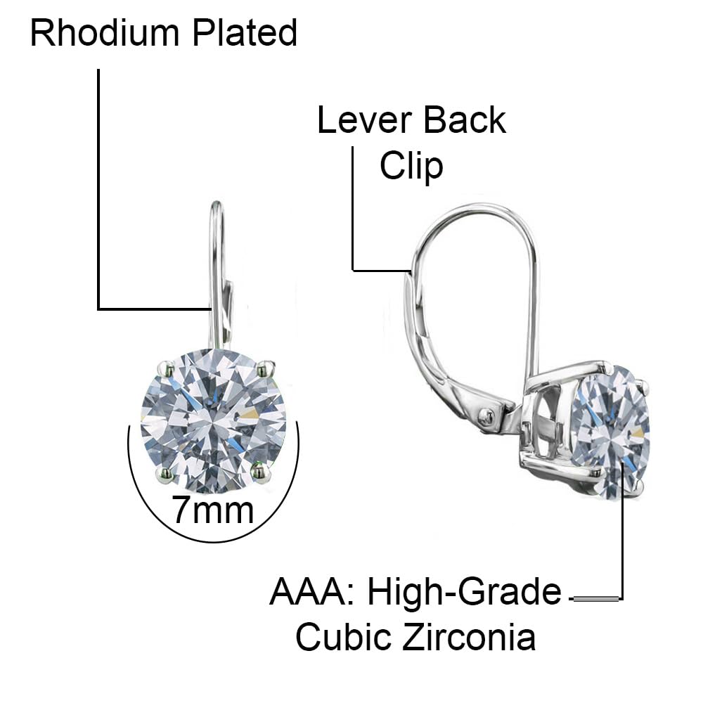 Savlano Rhodium Plated 7MM Round Cut Cubic Zirconia Leverback Drop Earrings for Women - Elegant Dangle Earrings with Gift Box | Perfect for Weddings, Parties & Special Occasions