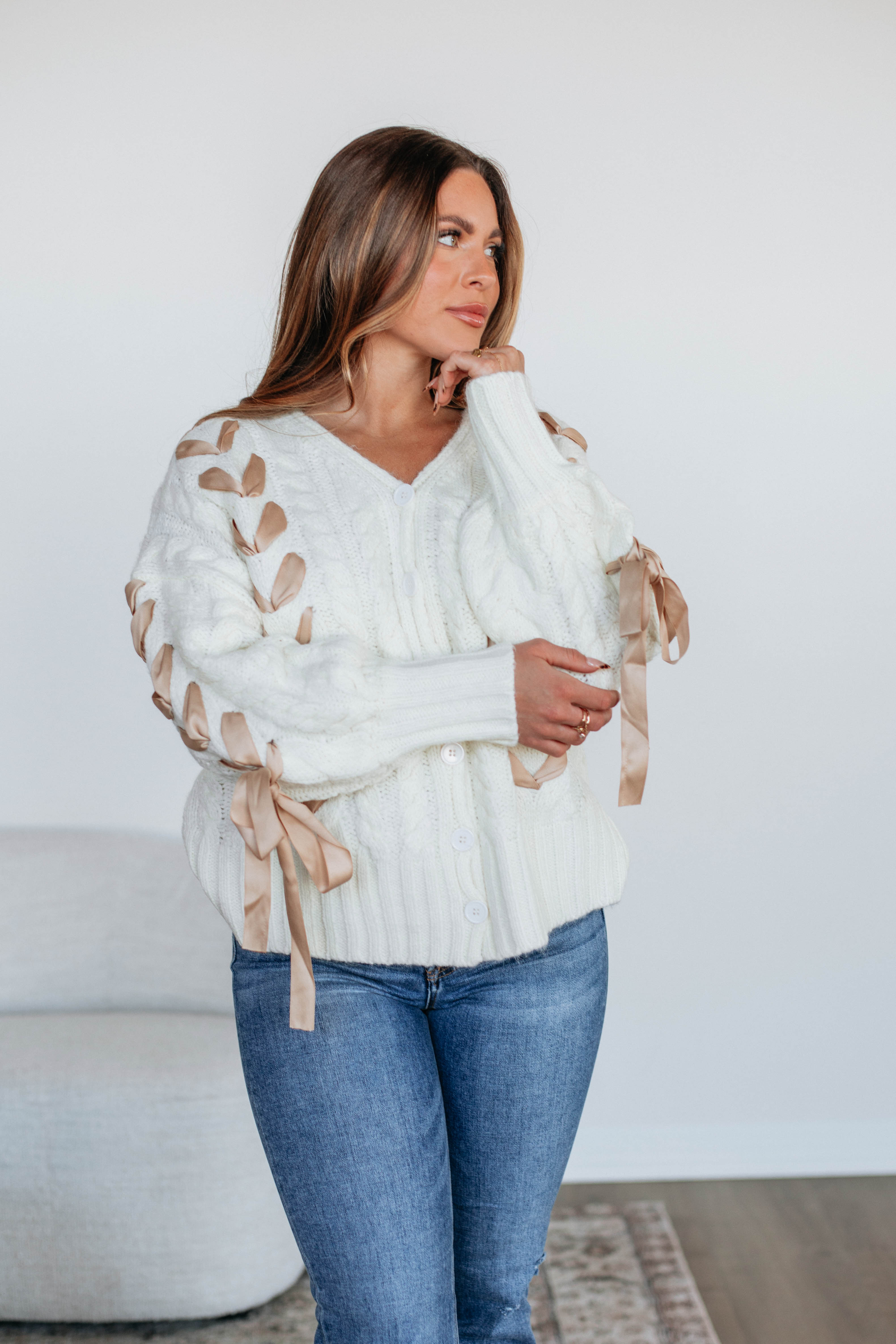Brayley Cable Knit Cardigan Women's Ivory Sweater - Cozy Winter Pullover for Casual Outfits & Office Wear