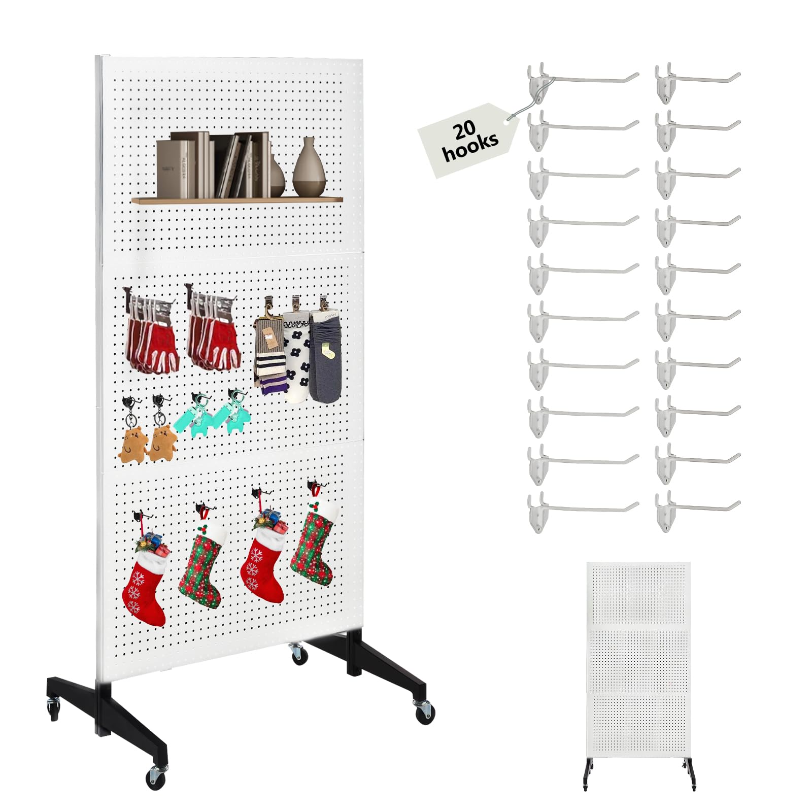 3'x6' Metal Pegboard Display Stand with T-Base & Wheels - Includes 20 Hooks - White - Perfect for Retail Stores, Trade Shows & Workshop Organization