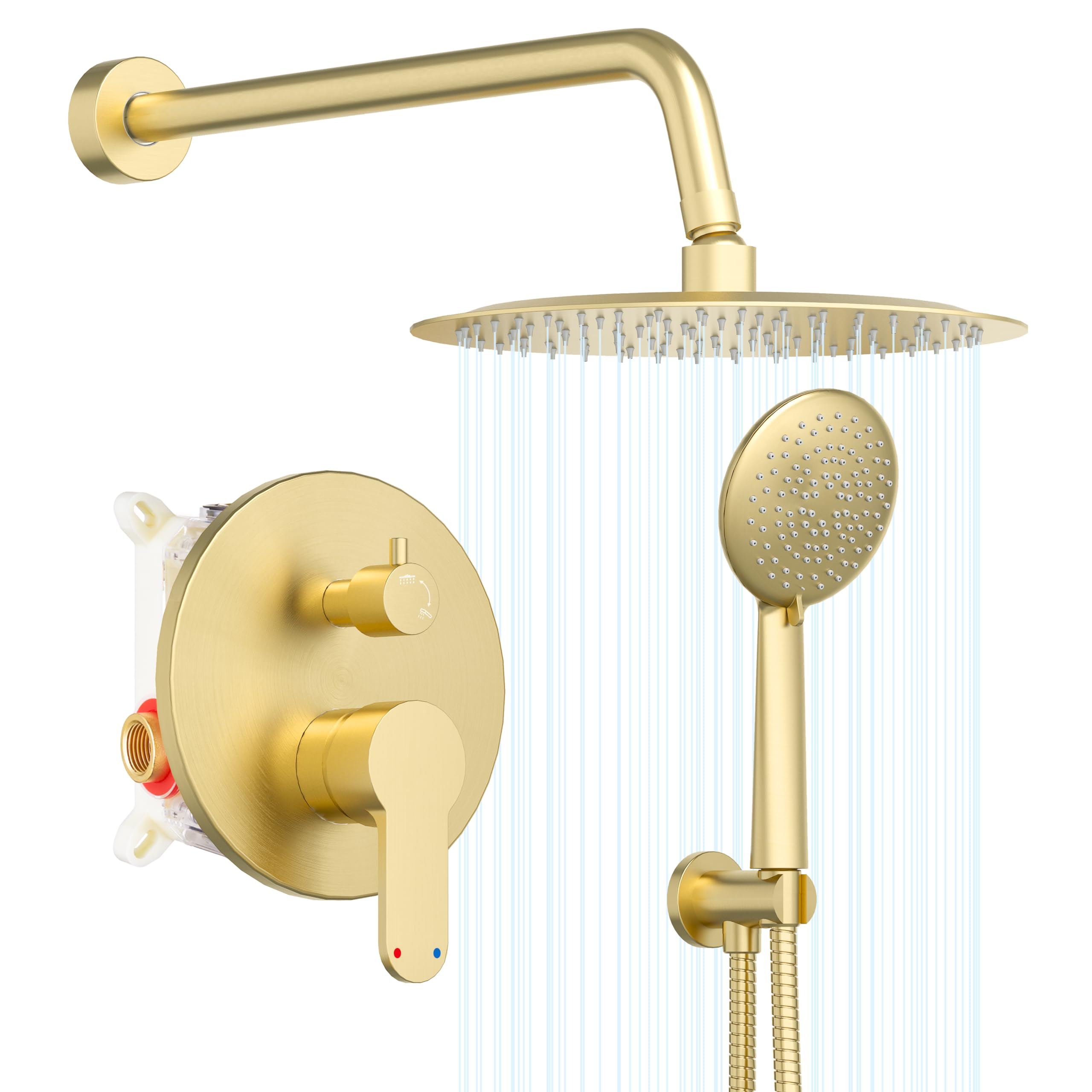 Premium Gold Shower System - 10 Inch Rainfall Shower Head with 5-Setting Handheld Sprayer | Pressure Balance Valve | Brushed Gold Finish | High Pressure Shower Fixtures for Luxurious Bathroom Upgrade
