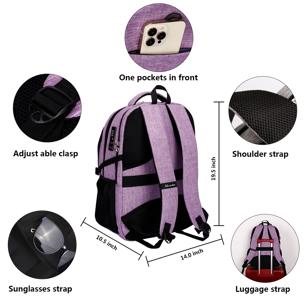 Shradoo Anti-Theft Laptop Backpack with USB Charging Port - Water-Resistant Travel Backpack for Men & Women, College Student Backpack Fits 17 Inch Laptop (Purple) - Perfect for Work, School, Business Trips & Airplane Travel