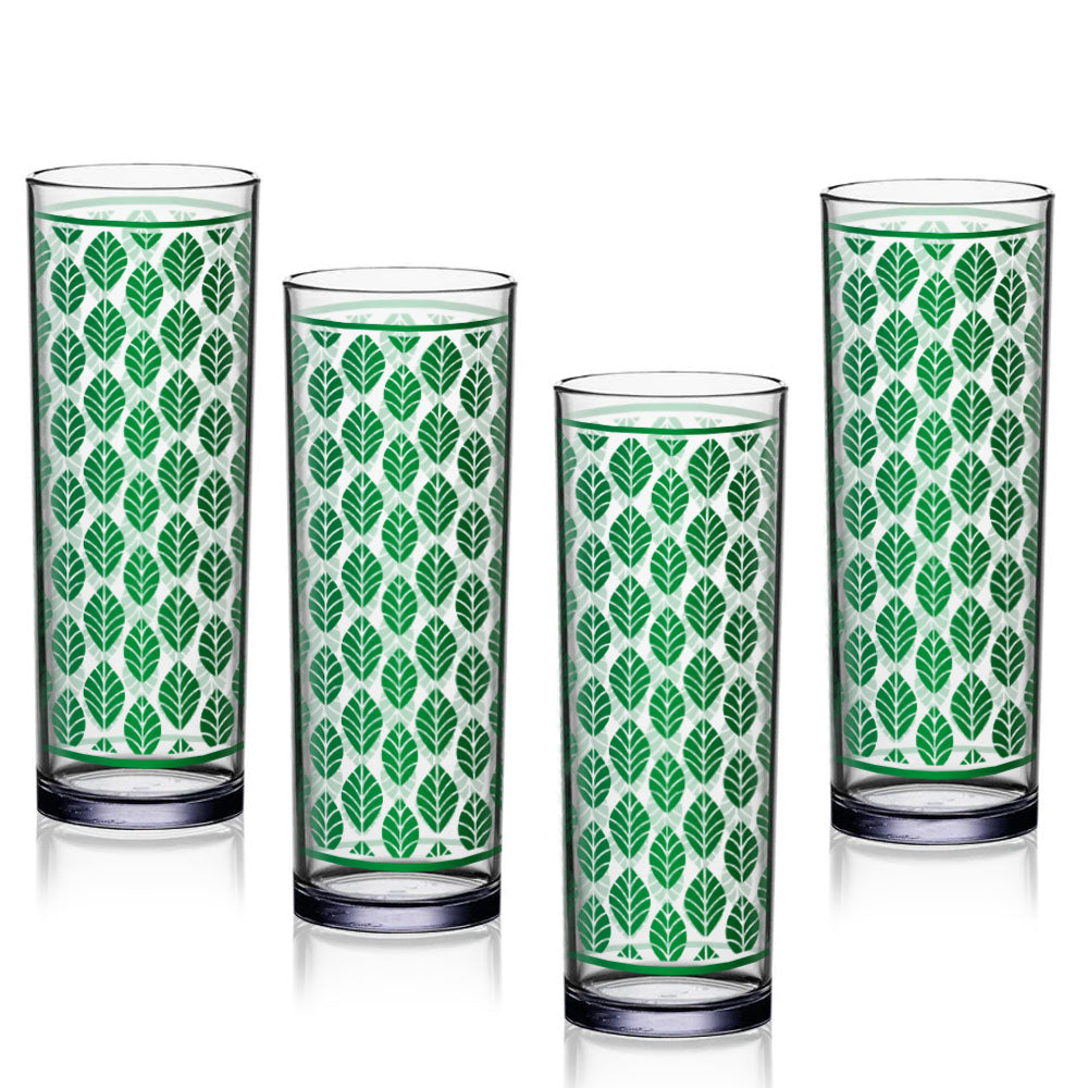 BarConic® Collins Glass - Dark Green Retro Leaves Pattern, 9.5 oz Vintage Drinking Glass for Cocktails, Iced Tea & Lemonade - Perfect for Home Bars, Parties & Retro-Themed Gatherings