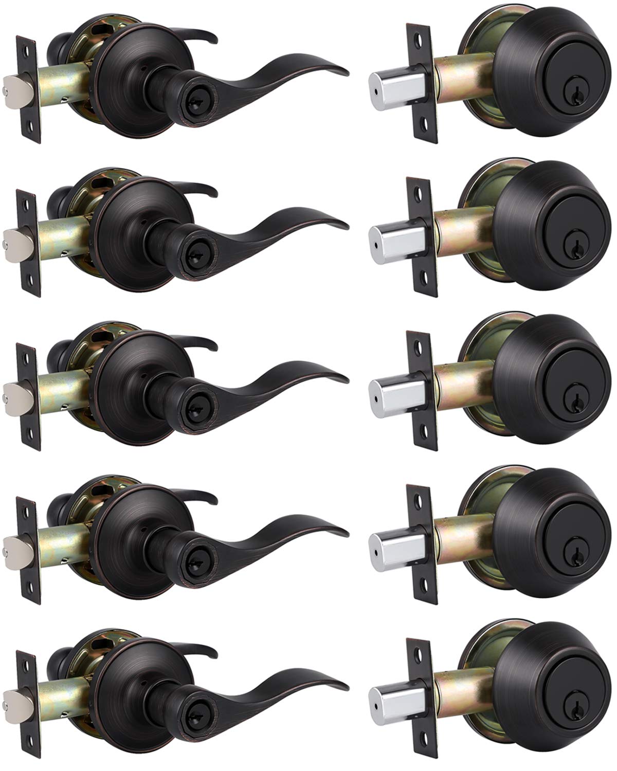 5 Pack Oil Rubbed Bronze Exterior Door Handle with Deadbolt Lock Set - Single Cylinder Keyed Alike Entry Lockset for Home Security - Perfect for Front Doors, Back Doors & Rental Properties