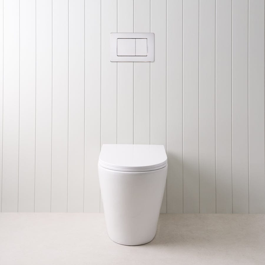 Angled In-Wall Toilet with Rectangle Chrome Buttons - Modern Space-Saving Bathroom Solution for Small Homes and Apartments