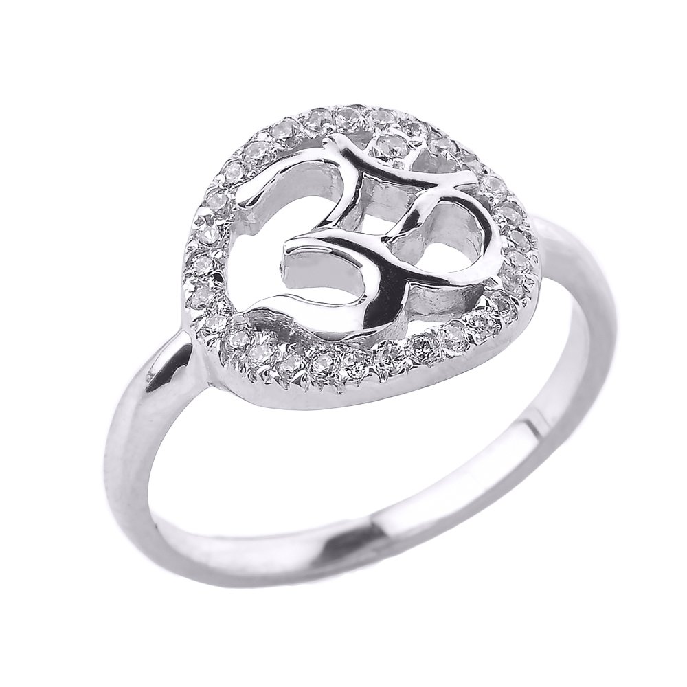 14K White Gold Diamond Halo Om Ring for Women - Elegant Wedding Band, Anniversary Gift, Promise Ring - Perfect for Engagement, Bridal Jewelry & Special Occasions