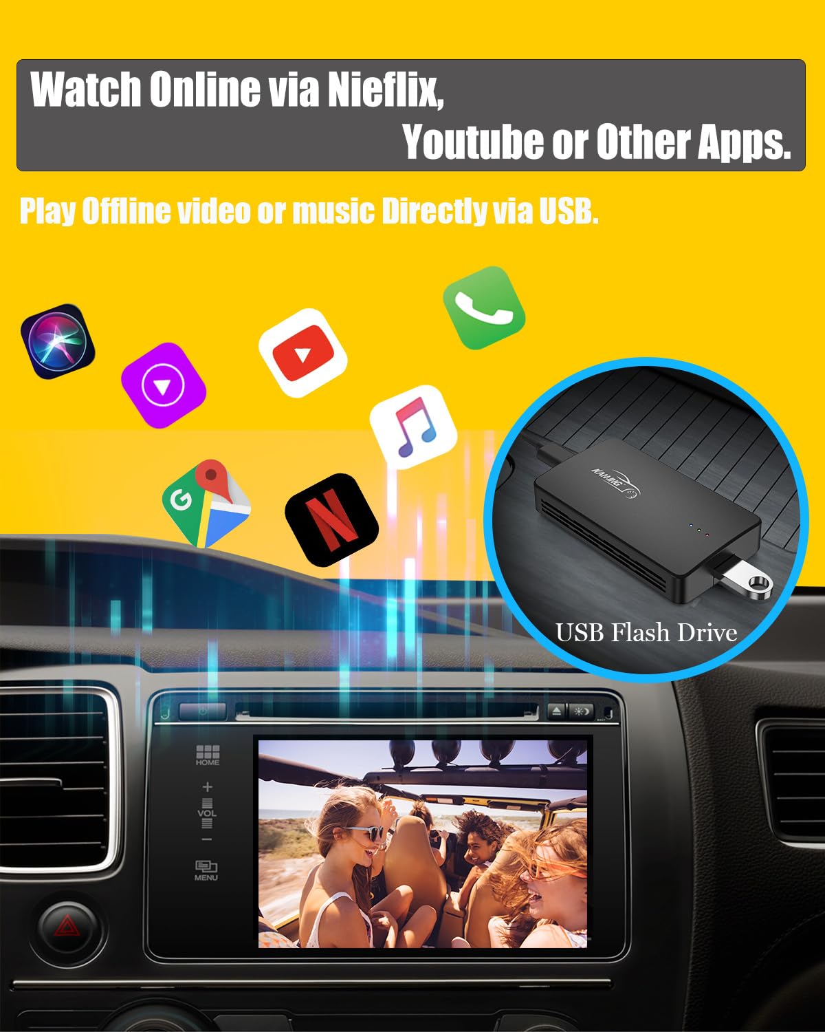 Wireless CarPlay Adapter for iPhone - Watch Netflix, YouTube, Disney+, Hulu on Car Screen | Android Auto & USB Multimedia Player | Perfect for Road Trips & Long Commutes