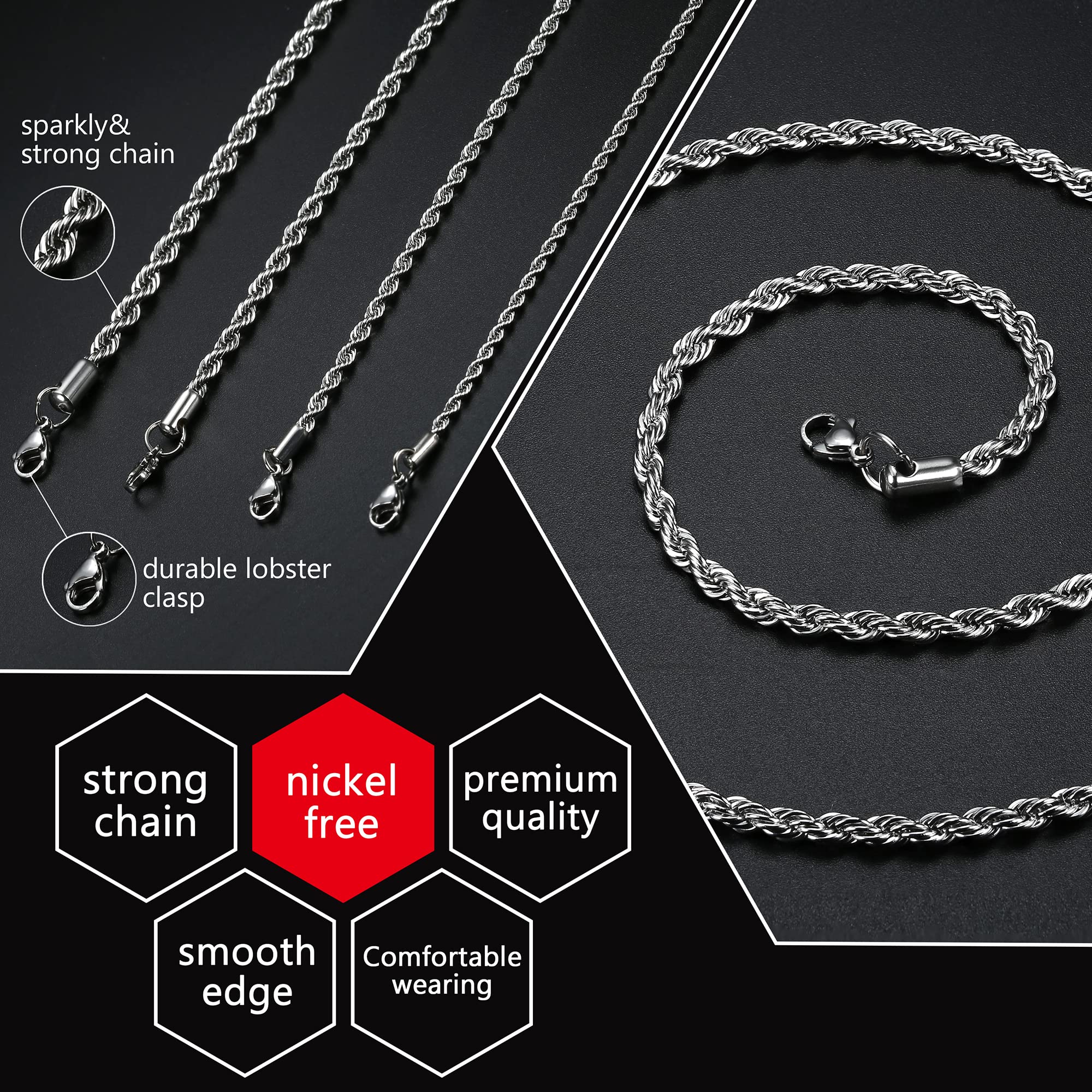 LOYALLOOK Stainless Steel Silver Rope Chain Necklace for Men & Women - 2.5-5MM Thickness | Perfect for Everyday Wear, Gifts & Special Occasions