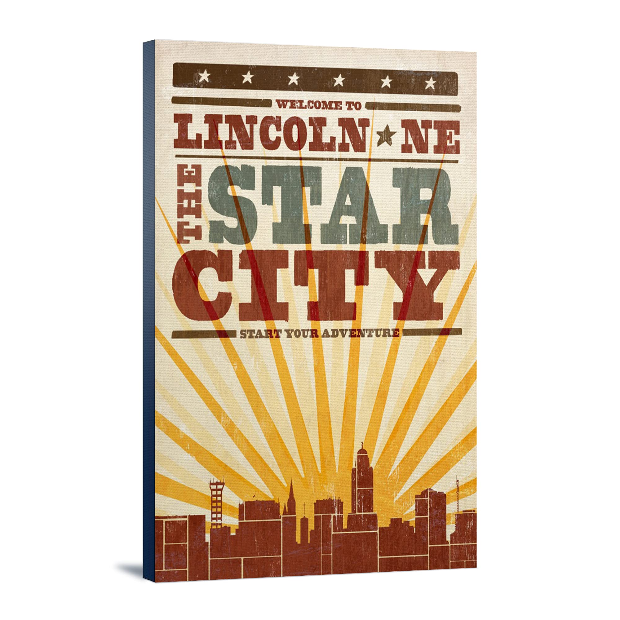 Lincoln Nebraska Skyline Sunburst Screenprint Art - 16x24 Wrapped Canvas Wall Decor for Living Room, Office & Bedroom
