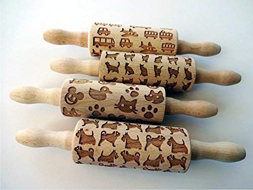 4-Piece Wooden Laser Cut Mini Rolling Pin Set for Kids - Cookie, Play Dough, Salt Dough & Clay - Laser Engraved Embossing Patterns (Choose Your Design) - Perfect for Baking, Crafts & DIY Homemade Cookies