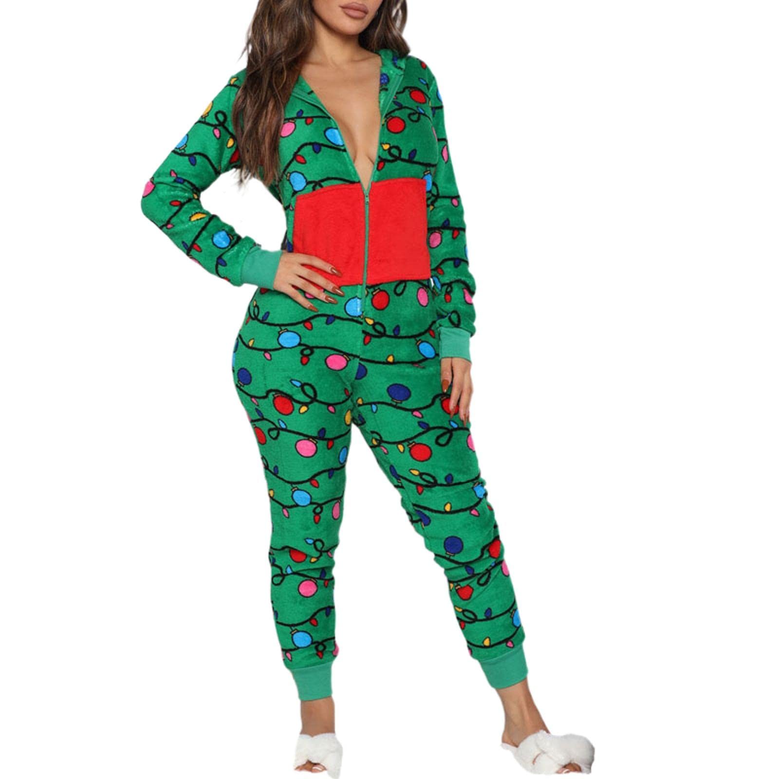 Women's Christmas Fleece Hooded Jumpsuit - Warm Zipper Romper Pajamas for Winter Sleepwear & Lounge Wear | Cozy Holiday Outfit for Xmas Party, Family Gathering & Cold Weather Comfort
