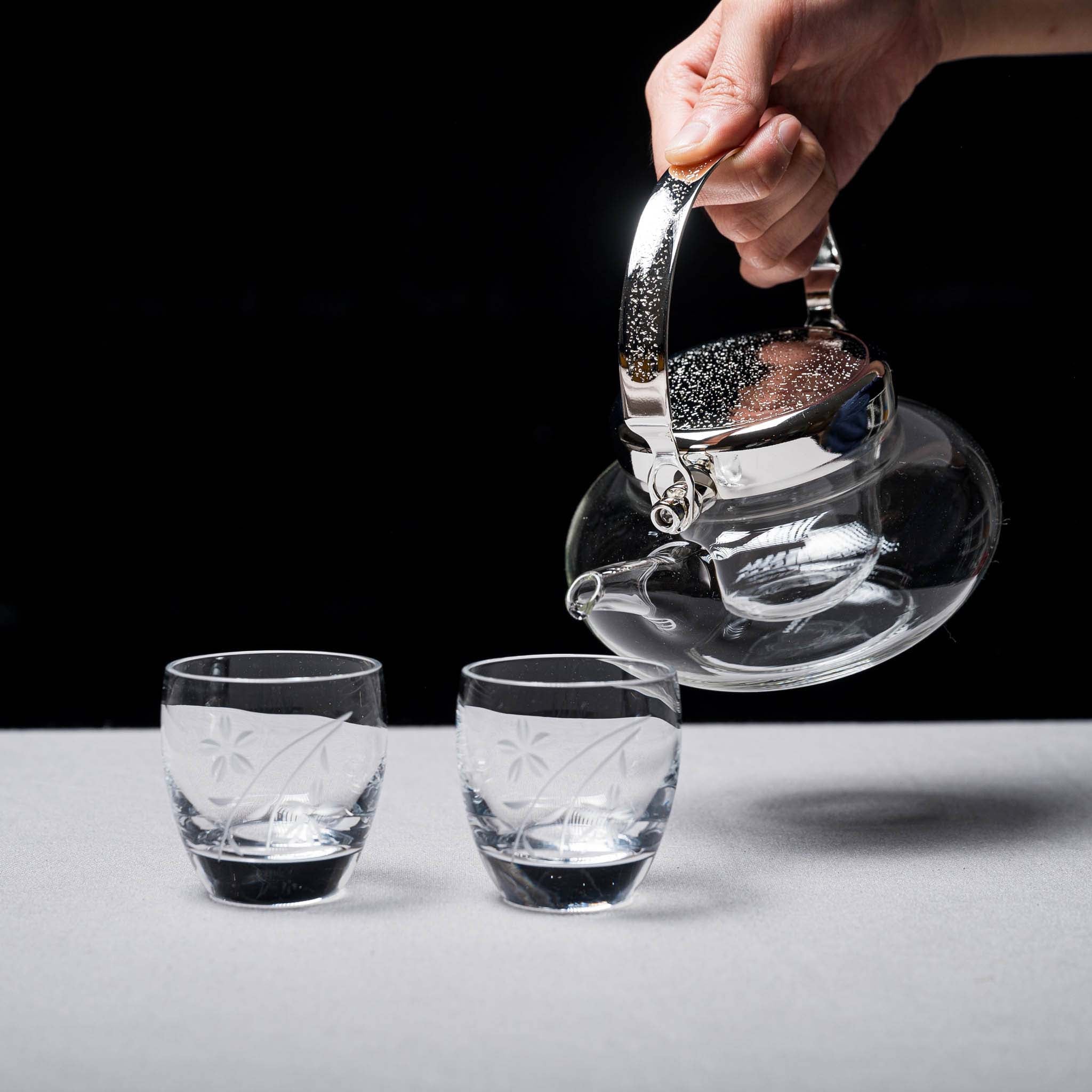 Premium Clear Glass Cold Sake Set - Japanese Style 1 Sake Kettle with 2 Matching Cups - Perfect for Chilled Sake, Cocktails & Home Bar Entertaining
