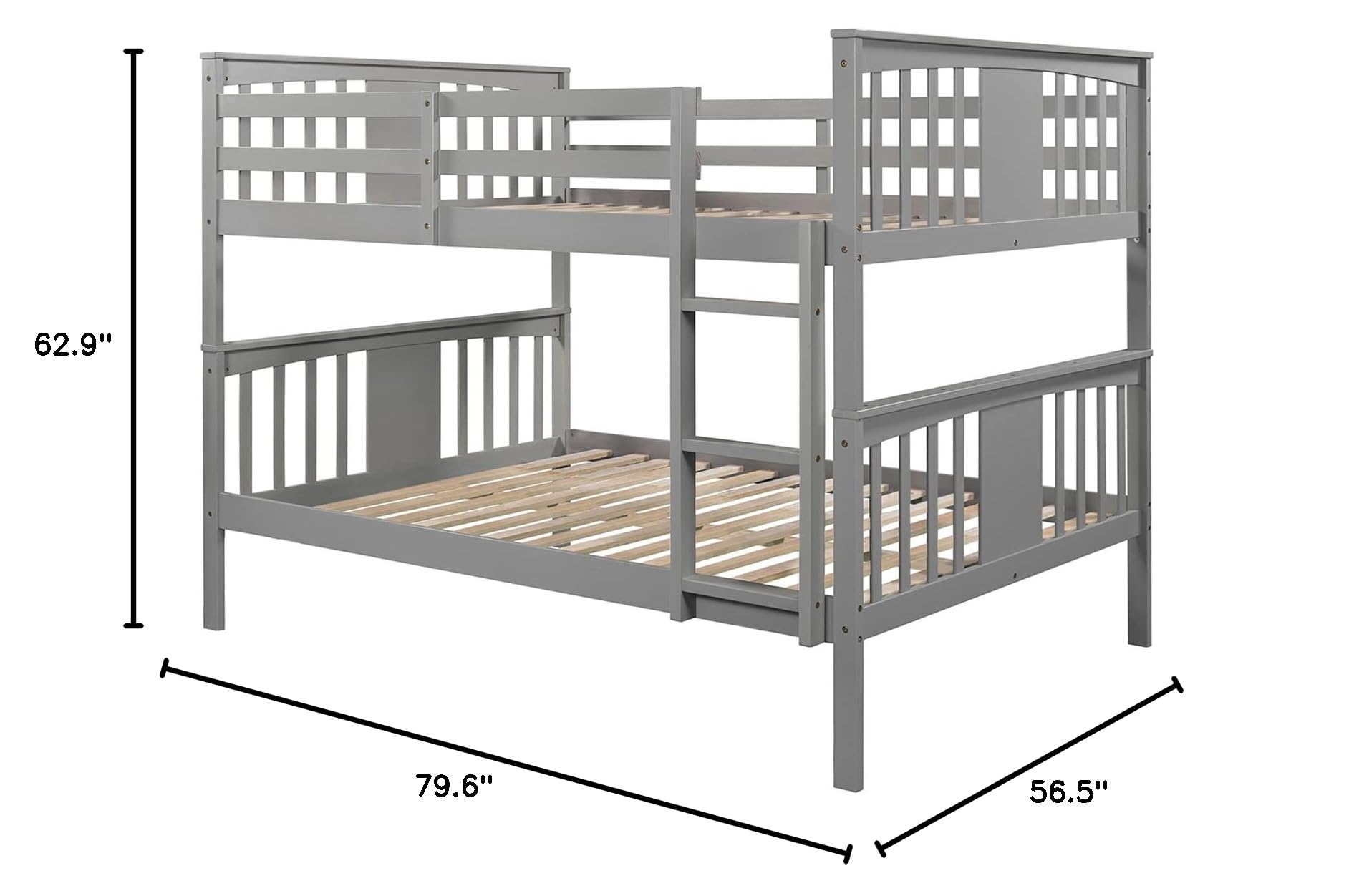 Full Over Full Wood Bunk Bed Frame with Ladder for Kids, Teens & Adults - Detachable Bunk Bed for Boys, Girls, Women & Men in Gray - Space-Saving Solution for Small Bedrooms, Dorms & Guest Rooms