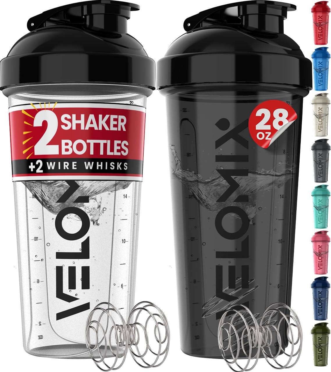 2 Pack 28 oz Protein Shaker Bottles with Wire Whisk - Leak Proof Mixing Cups for Protein Powder, Pre Workout & Meal Replacement Shakes - Gym, Fitness & Bodybuilding Essentials (Black & Clear)