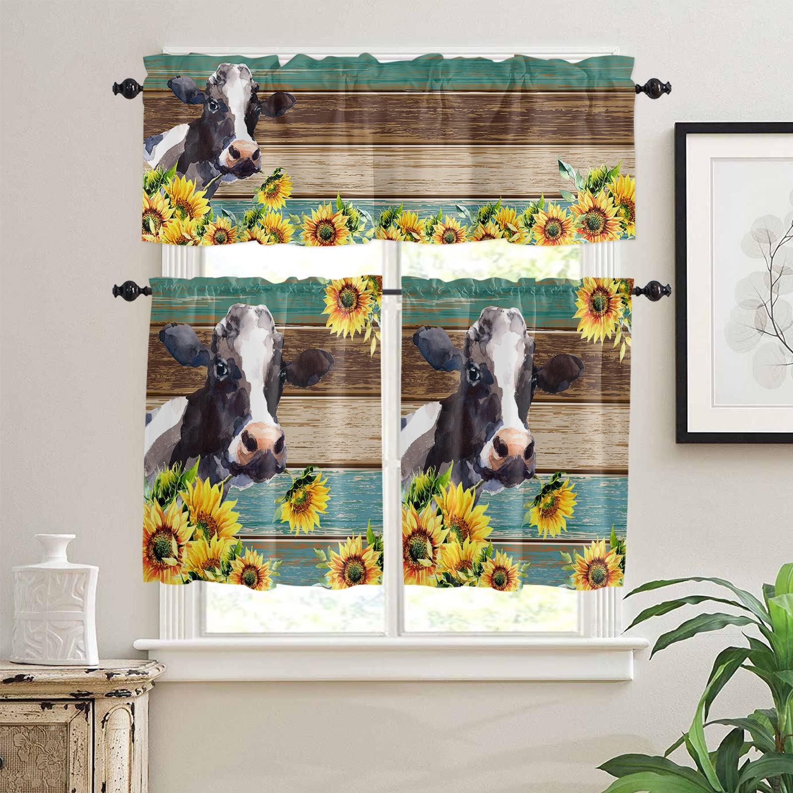 Farmhouse Sunflower Cow Print 3-Piece Rustic Wood Curtain Set - 24 Inch Short Window Curtains with Rod Pocket for Kitchen, Bedroom & Bathroom | Perfect for Half Cafe Windows, Small Windows & Farmhouse Decor