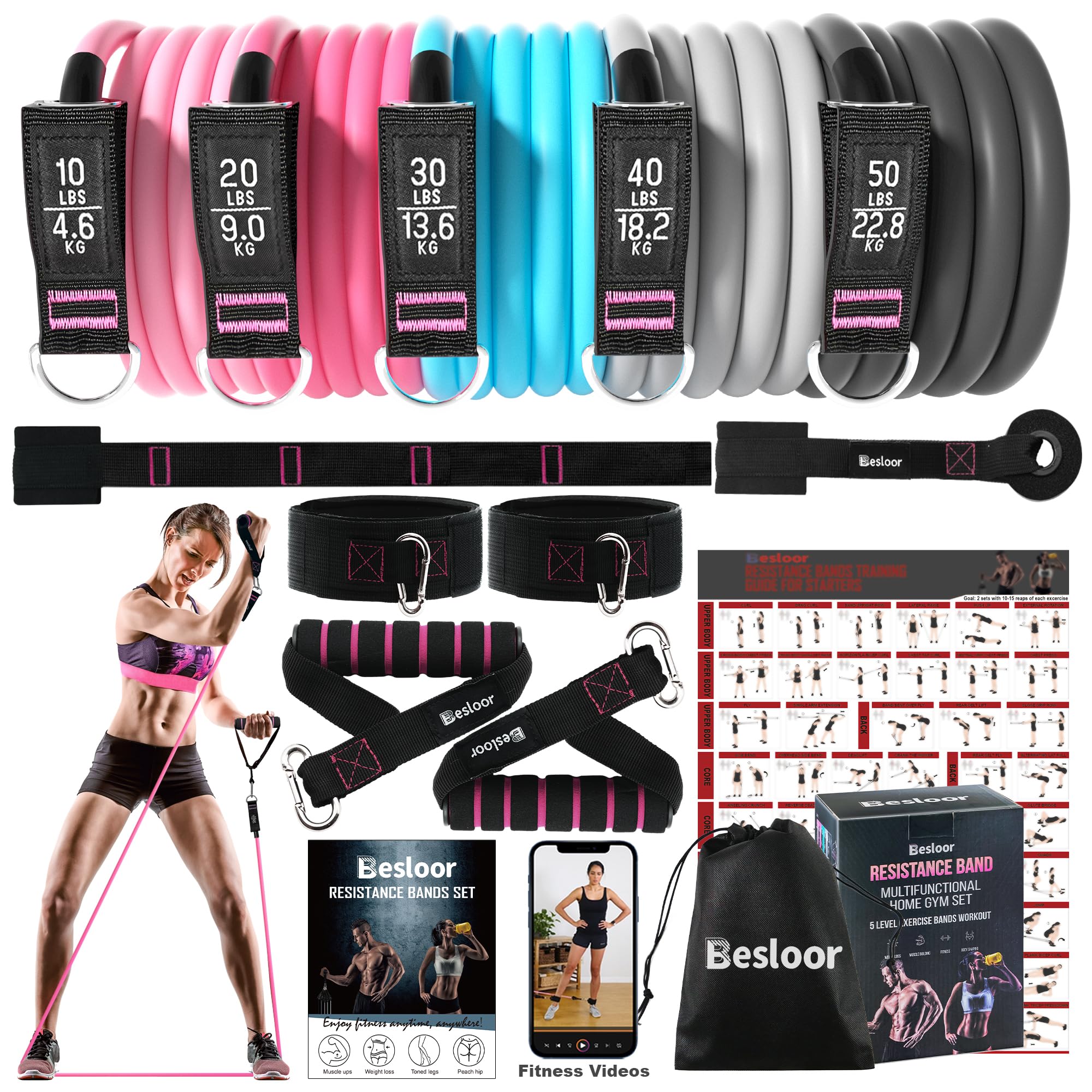 Besloor Resistance Band Set with Handles, Door Anchor & Ankle Strap - Full Body Workout Equipment for Home Gym - Includes Fitness Poster & Video Guide - Perfect for Strength Training, Yoga, and Physical Therapy