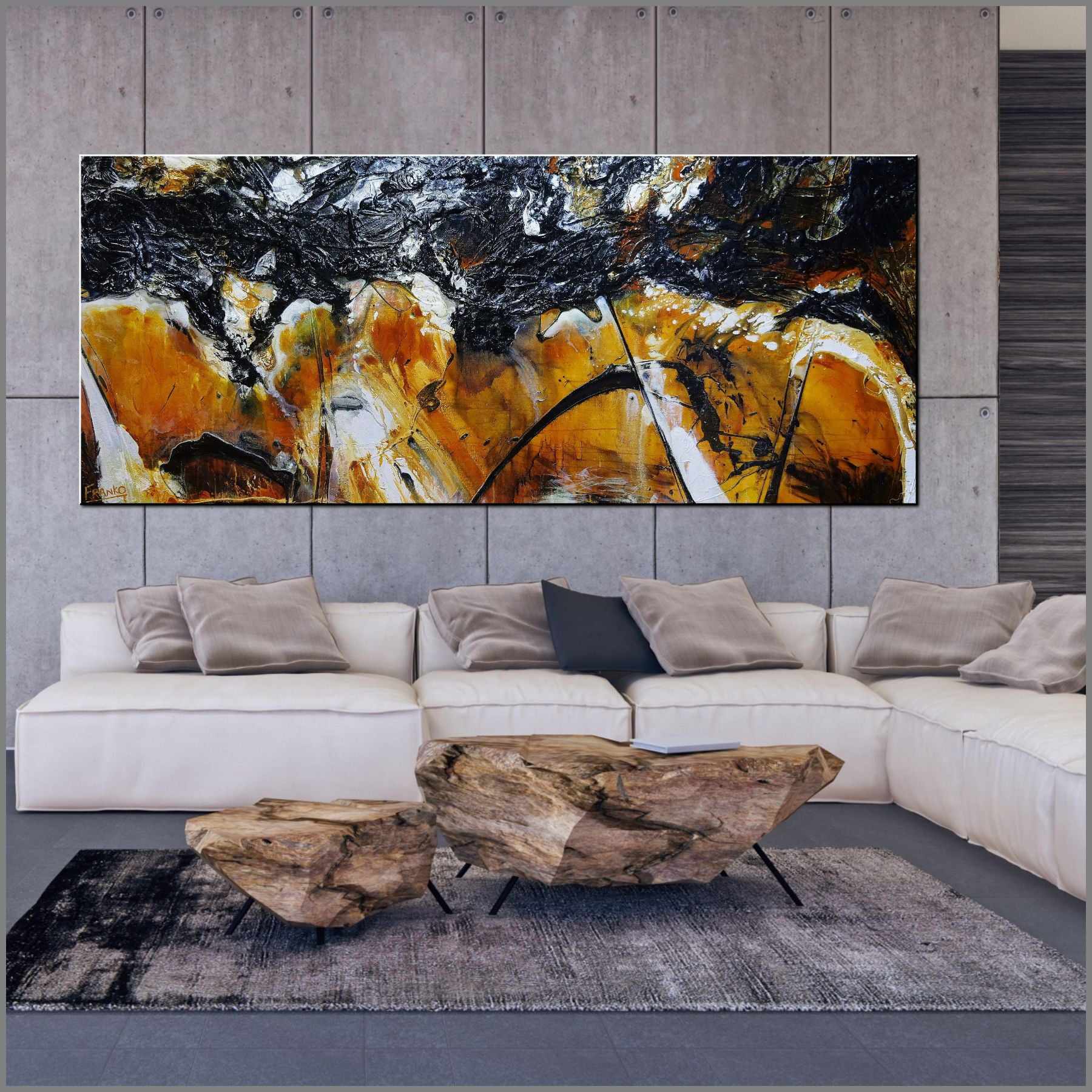 240cm x 120cm Black Sienna Textured Abstract Canvas Painting - Modern Wall Art for Living Room, Bedroom & Office Decor