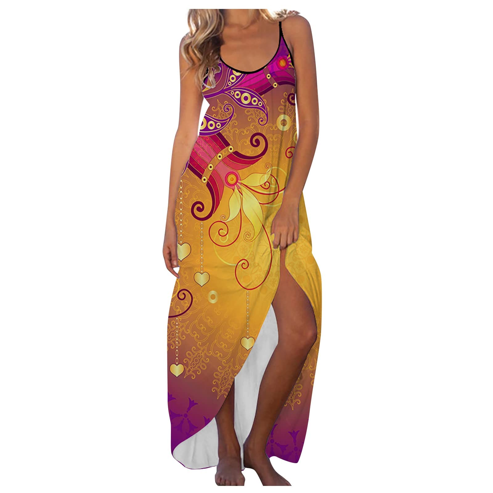 HAOREEKZ Women's Maxi Dress - Casual Printed Beach Dress, Sexy Sleeveless Round Neck Loose Long Summer Dress for Vacation, Pool Party & Date Night