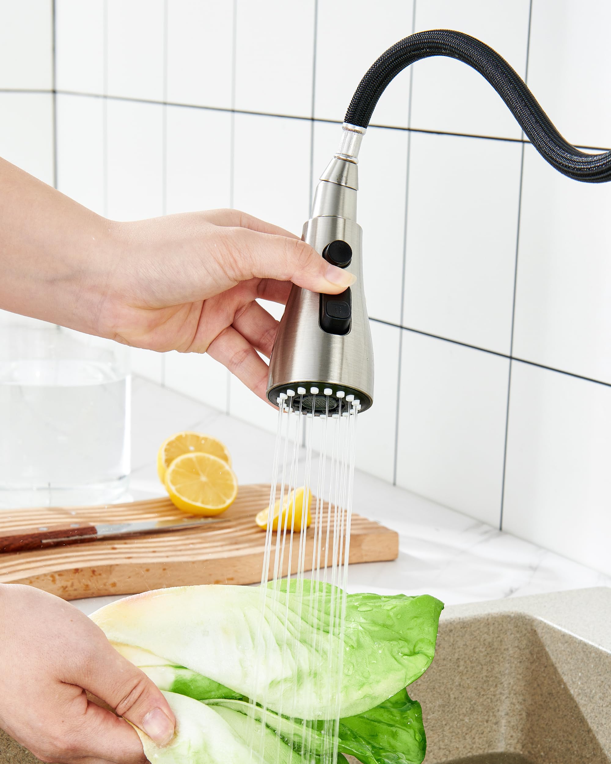 15 Adapters Kitchen Faucet Spray Head - 3 Functions Pull Down Sprayer for Sink, Brushed Nickel (Ideal for Home & Restaurant Kitchens)