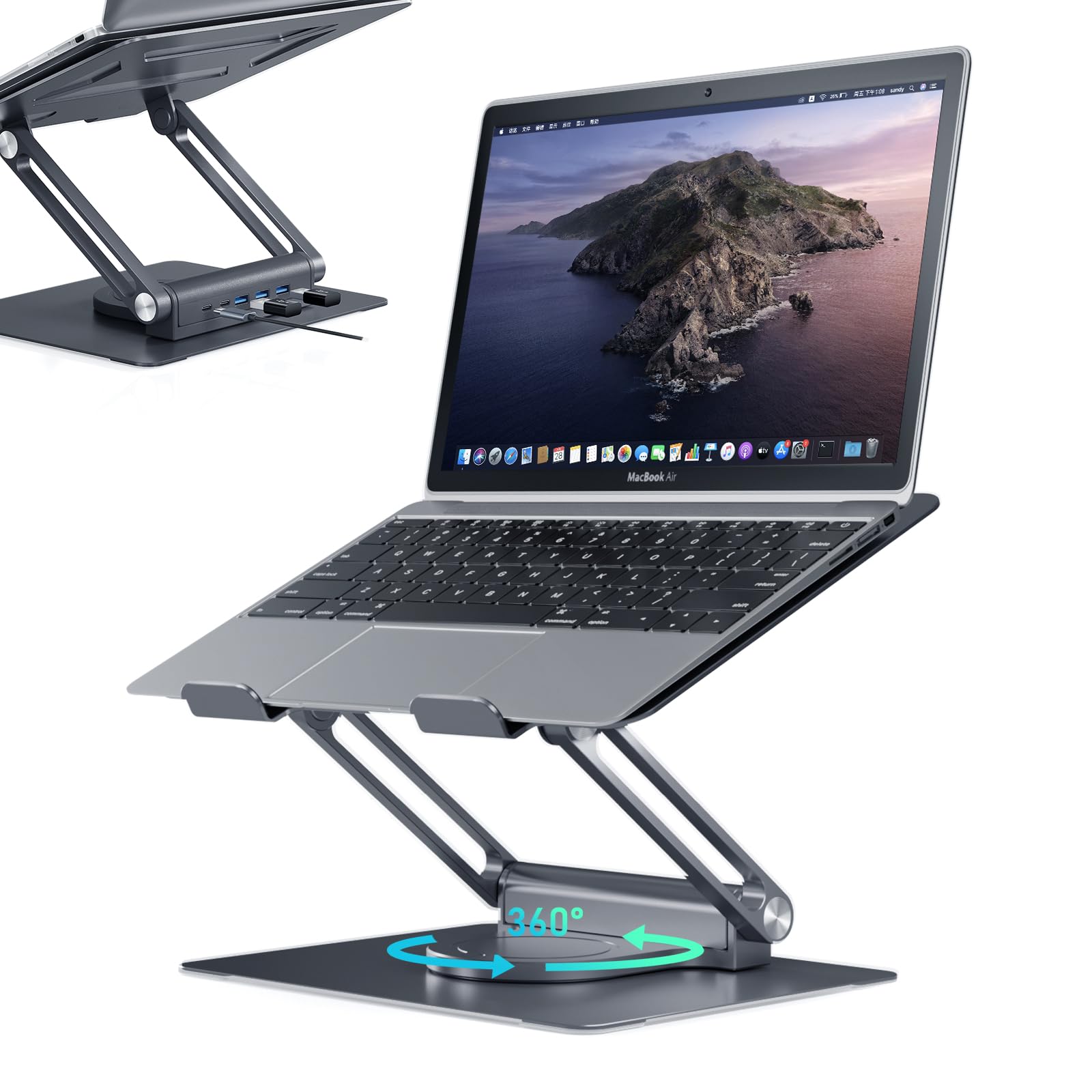 Adjustable Aluminum Laptop Stand with USB-C & USB-A Ports, 360° Rotating Base - Ergonomic Foldable Computer Riser for 7