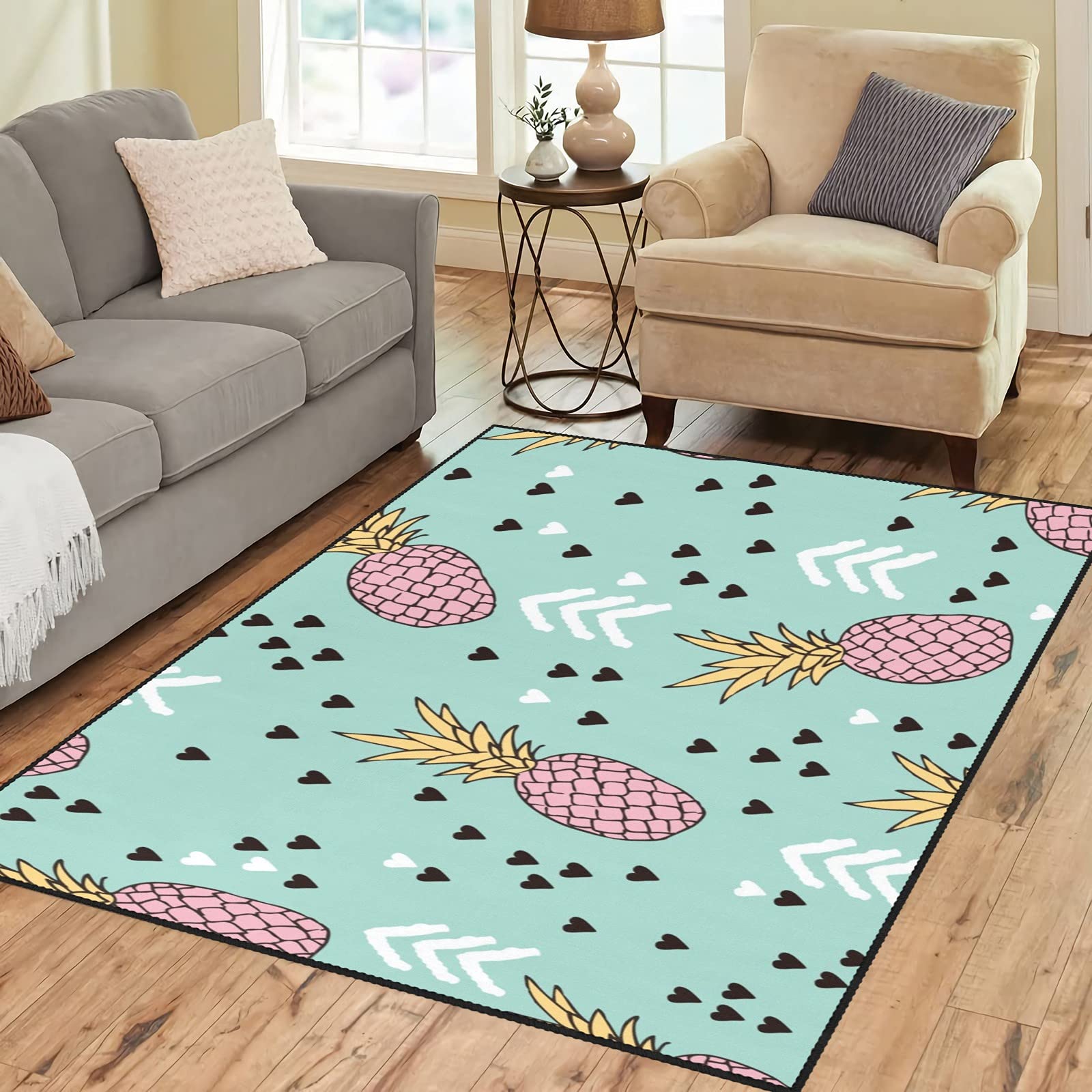Non-Slip Pineapple Sweet Hearts Area Rugs - 5.2'x7.5' Soft Floor Mat for Kids Room, Living Room, Bedroom & Kitchen Decor | Perfect Playroom Gift & Home Accent for Tropical Themed Spaces