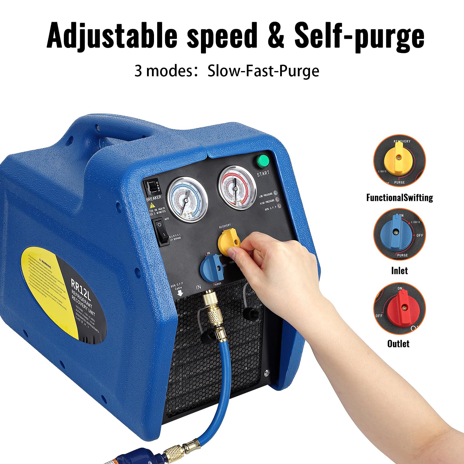1/2HP 110V Portable Oil-Less Refrigerant Recovery Machine - Dual Cylinder for Liquid Refrigerant Recycling - Perfect for Automotive AC Repair & HVAC System Maintenance - Use in Auto Shops, HVAC Services & Refrigeration Maintenance