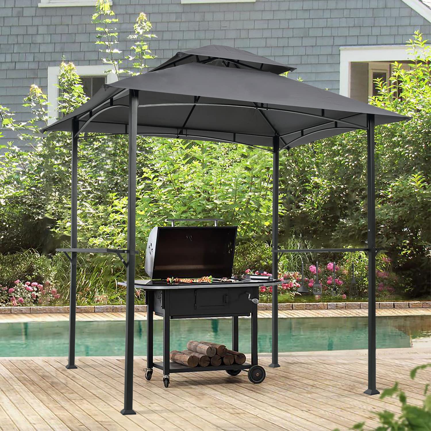 8x5 Ft Heavy Duty Grill Gazebo - Double Tiered Outdoor BBQ Canopy with 2 Side Shelves, Hooks & Bottle Opener - Weather Resistant BBQ Shelter for Patio, Garden, Beach, Backyard & Picnic - Perfect for Summer Cookouts & Outdoor Entertaining (Gray)