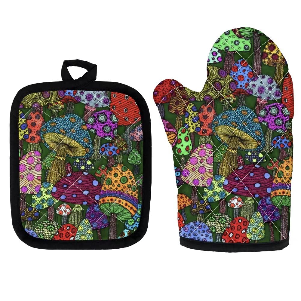 Heat Resistant Mushroom Print Oven Mitts & Pot Holders Set - 2 Pcs Thick Insulated Kitchen Gloves with Non-Slip Square Mat for Baking, Cooking & BBQ - Cute Home Decor for Mushroom Lovers
