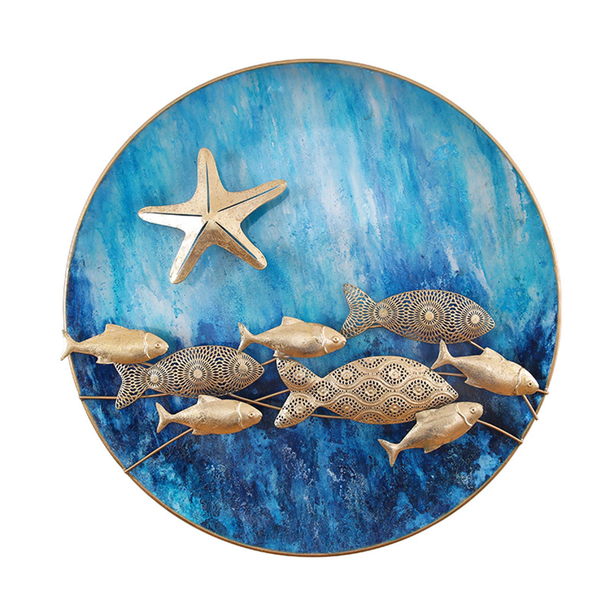3D Metal School of Fish Wall Art - Vintage Nautical Coastal Decor, Blue Marine Theme Round Hanging Plate (25.5 Inch) - Perfect for Beach House, Ocean-Themed Bedroom or Seaside Restaurant Decoration