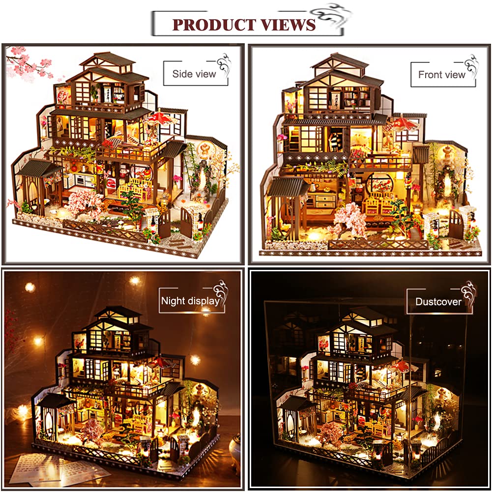 Yuzhen DIY Miniature Dollhouse Kit with Furniture & LED Lights - Japanese Wooden Dollhouse with Dust Cover & Music Box - Perfect Gift for Adults & Kids - Great for Home Decor, Collectors & Creative Play