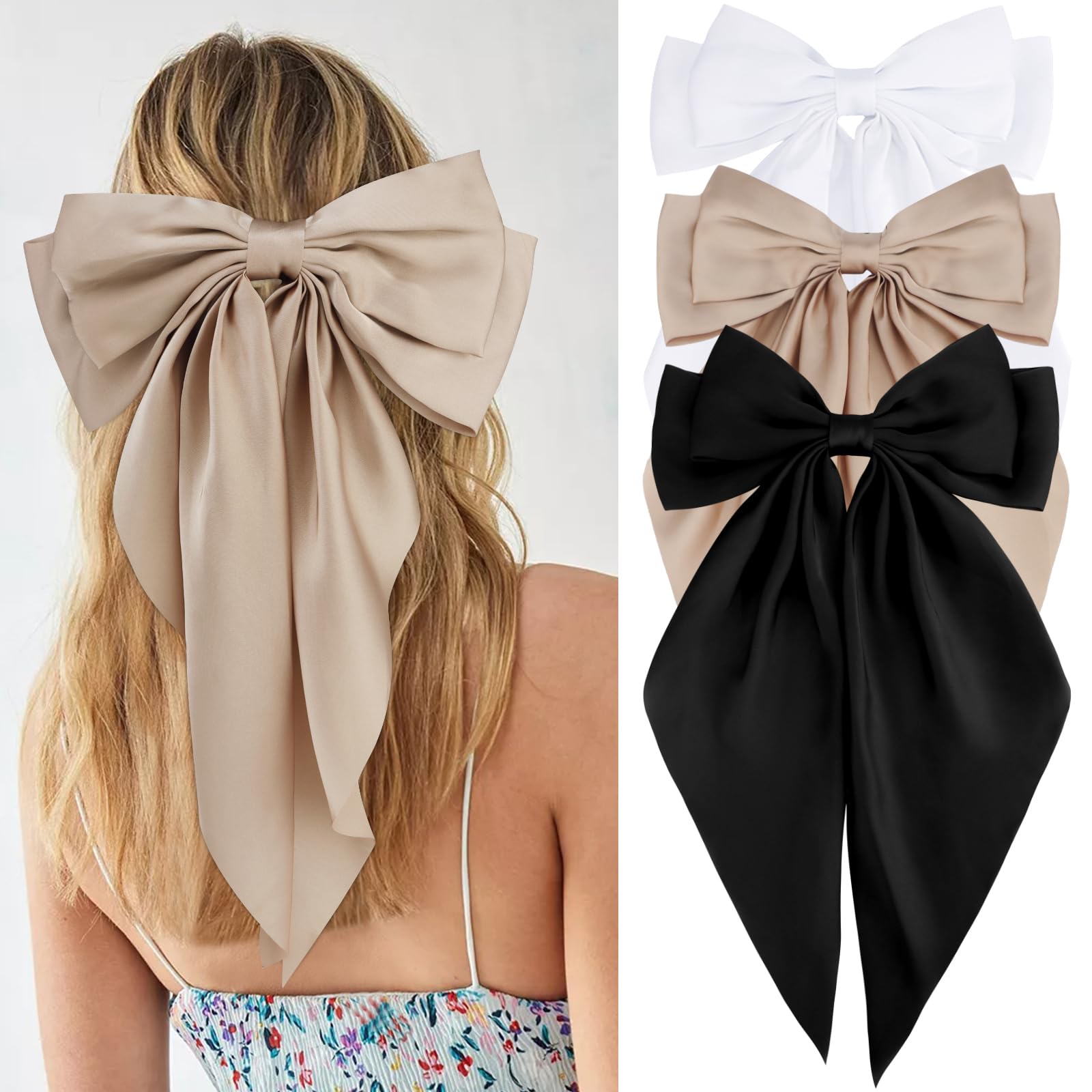 3Pcs Women's Hair Bows Set - White, Black & Khaki Oversized Satin Hair Accessories with Long Tails, Barrettes & Clips | Perfect Gift for Girls, Teens & Women | Great for Weddings, Parties & Daily Styling