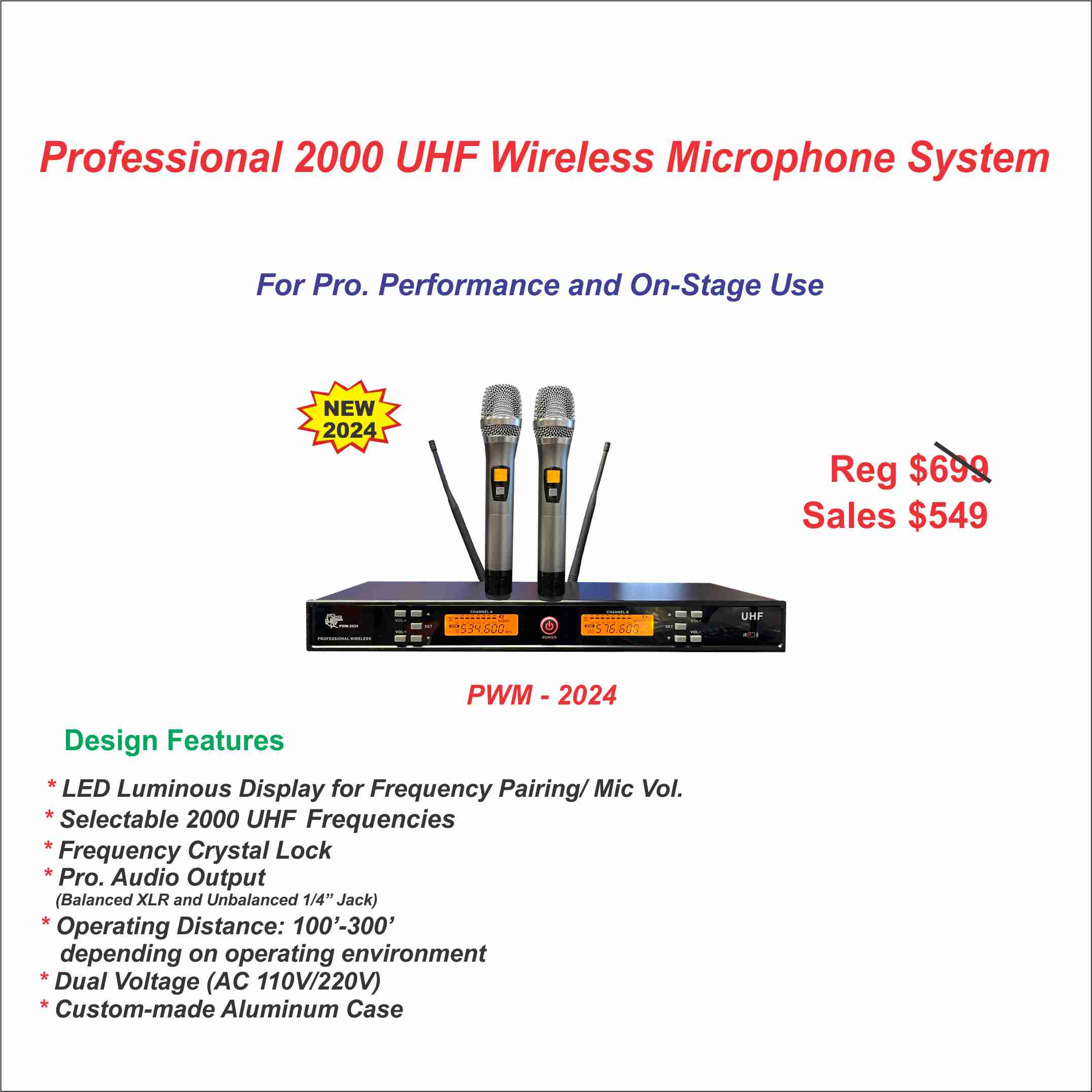 Professional 2000 UHF Wireless Microphone System (PWM 2024) - Ideal for Live Performances, Public Speaking, and Studio Recording