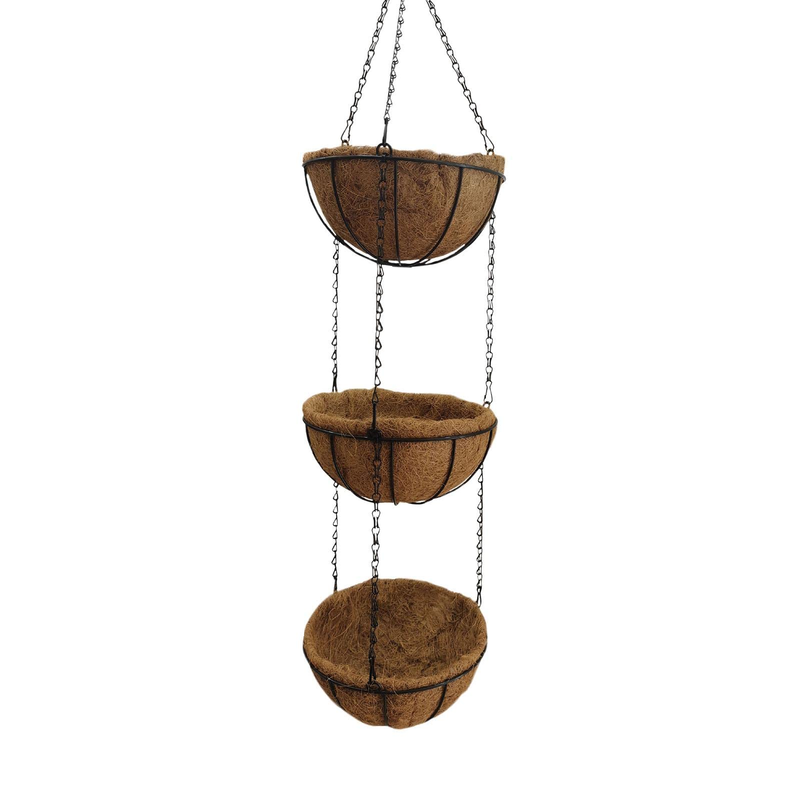 MIYUE 3-Tier Metal Hanging Basket with Coconut Fiber Liners - Round Coco Planter Inserts for Indoor/Outdoor Plants, Flower Pot Decor - Perfect for Balcony, Patio, and Garden Decorations