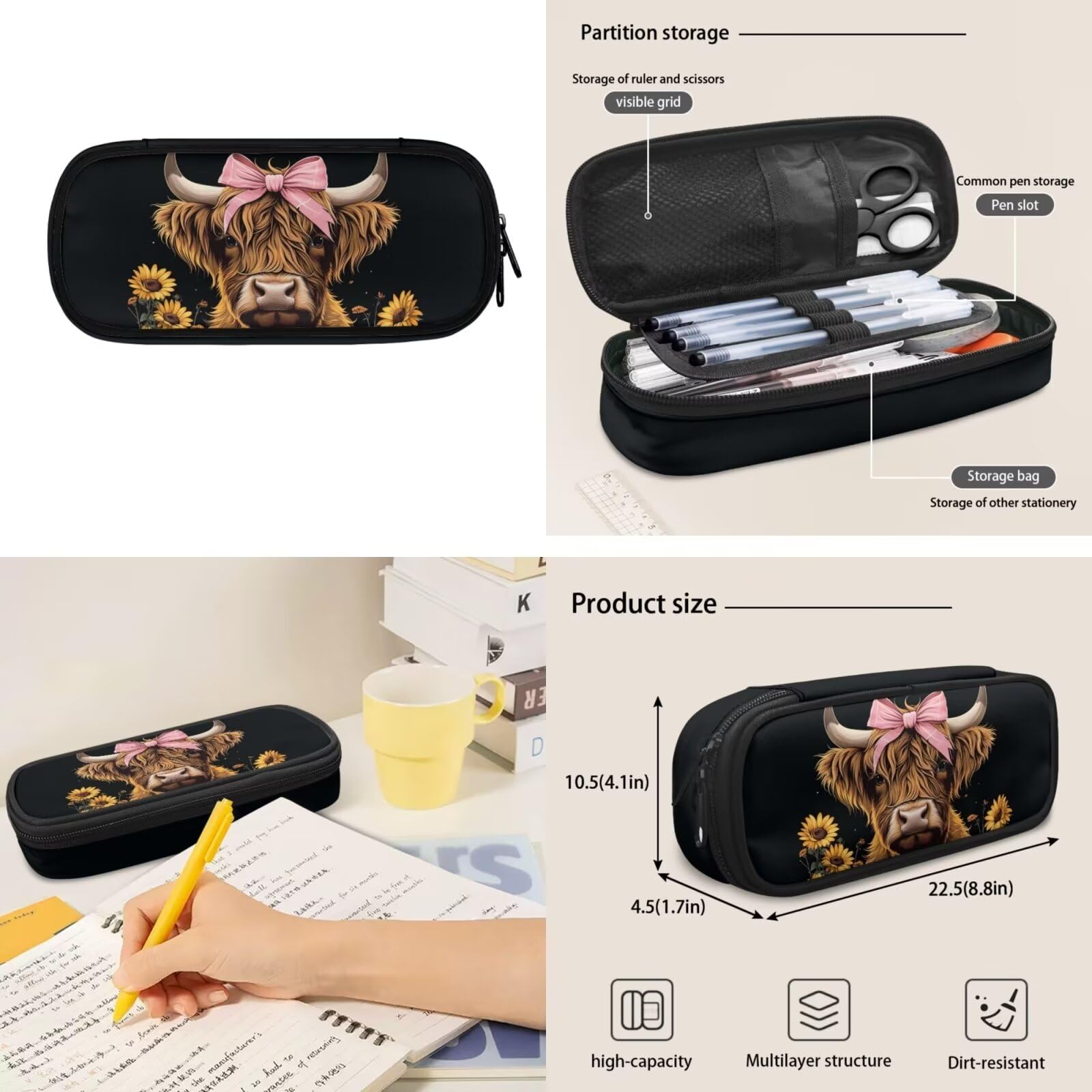Highland Cow Backpack Set for School - 3 Piece Black Sunflower Bookbag with Lunch Box & Pencil Case | Cute Elementary to Middle School Backpack for Boys | Perfect for Classroom, Day Trips & Back to School Supplies
