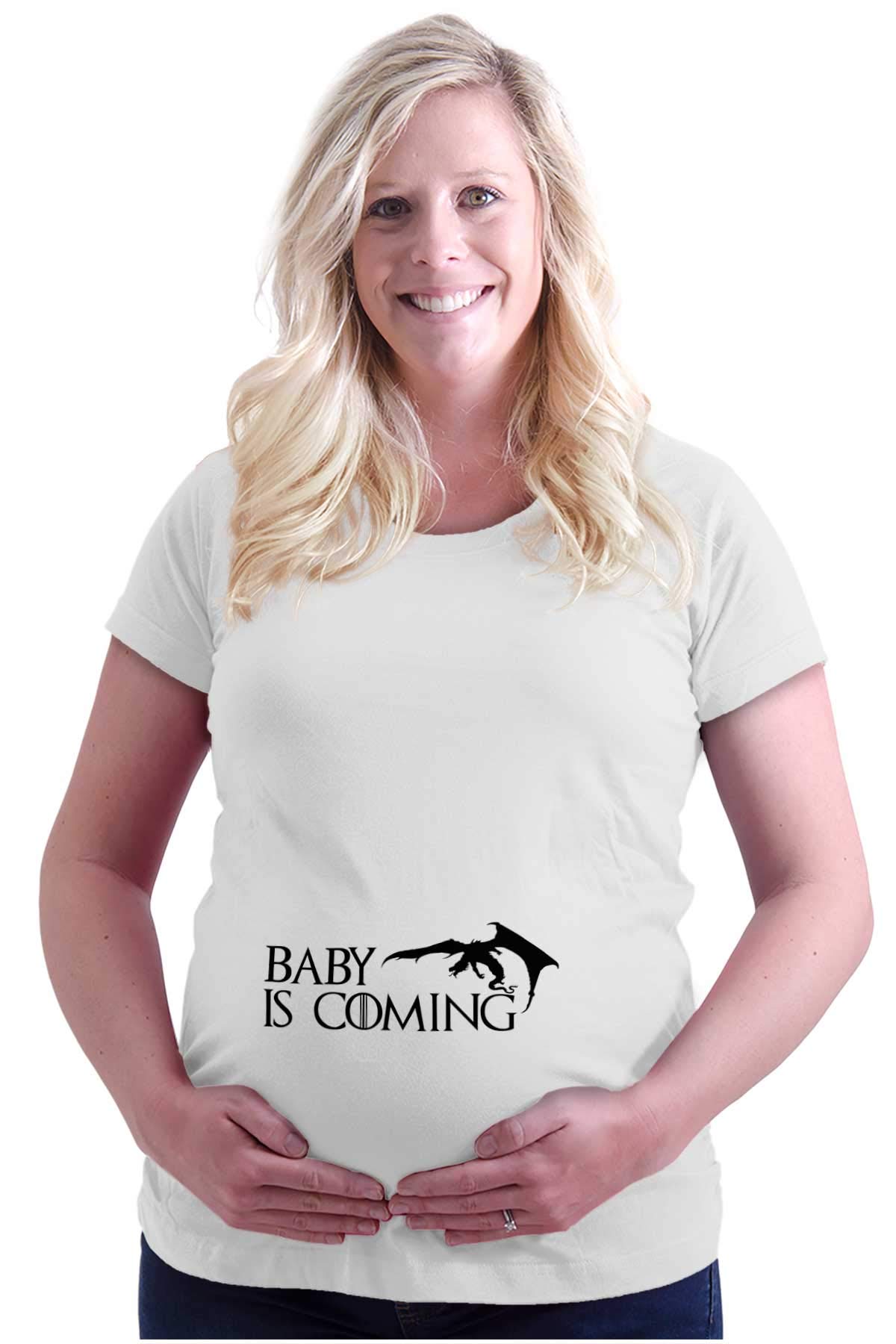 Women's Maternity 'Baby is Coming' Expecting Dragon Graphic T-Shirt - Comfortable Pregnancy Tee for Announcements & Baby Showers