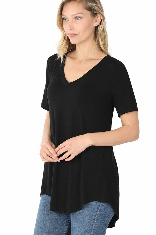 Women's Short Sleeve V-Neck Hi-Low Hem T-Shirt - Casual Summer Top for Daily Wear & Outings