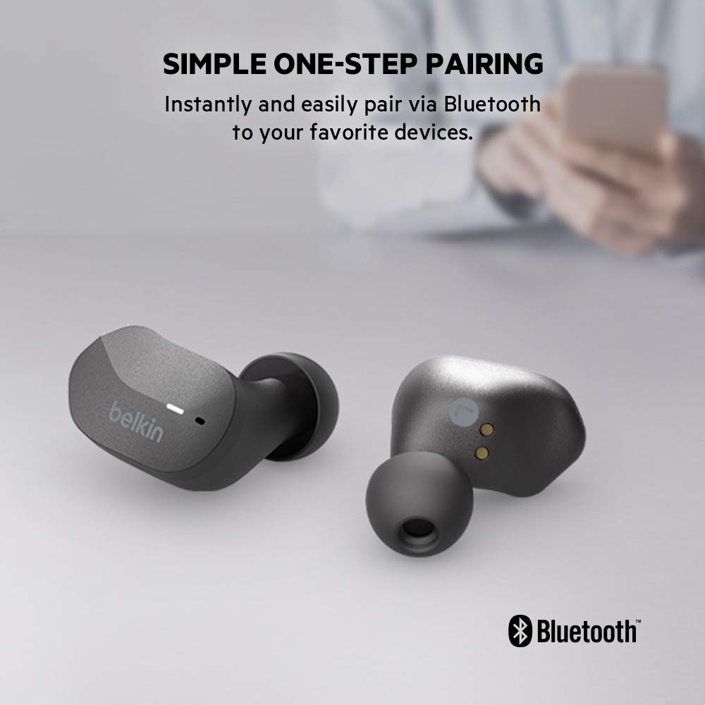 Belkin SoundForm True Wireless Earbuds - Bluetooth 5.0 Headphones for iPhone, Samsung, Google Pixel (Touch Control, 24H Playtime with Charging Case, Noise Isolation, IPX5 Sweatproof) - Black | Perfect for Gym, Running, Commuting & Workouts