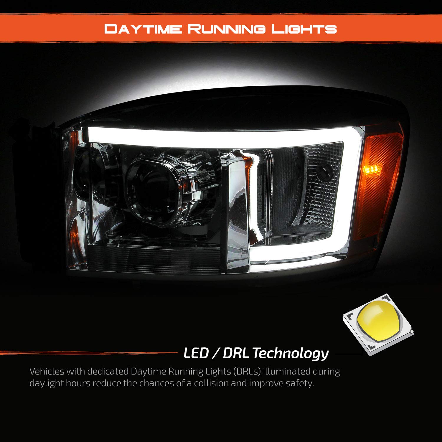 AKKON Chrome Projector Headlights for 2006-2008 Dodge Ram 1500 & 2006-2009 Ram 2500/3500 - LED Light Bar, Left & Right Pair - Upgrade Your Truck's Nighttime Visibility & Style