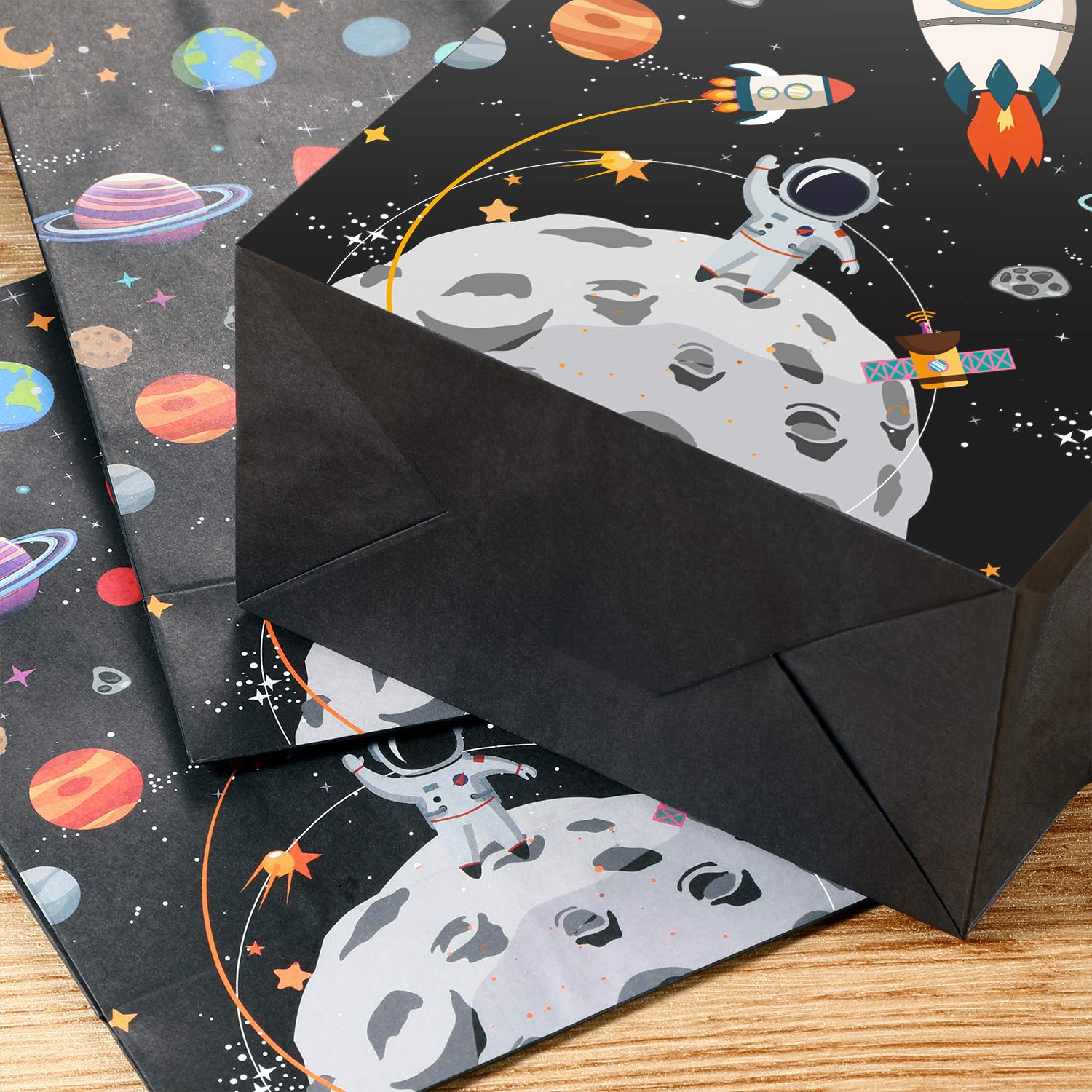 24 Pcs Outer Space Gift Bags with Handles - Galaxy Themed Party Favor Bags for Birthday, Baby Shower & Space Theme Events - Durable Paper Treat Bags for Kids Party Supplies & Classroom Rewards