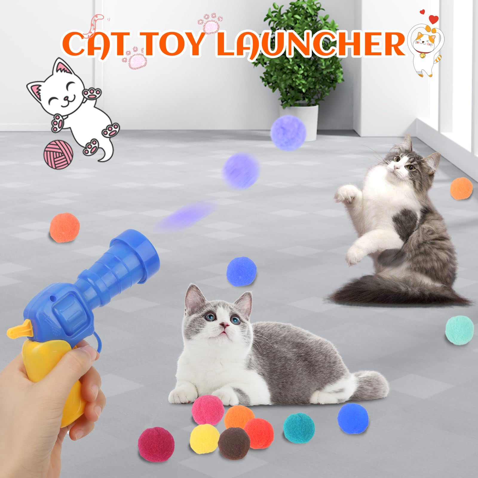 Silent Plush Cat Toy Ball Launcher with 80 Pom Pom Balls - Interactive Indoor Cat Exercise Toy for Playful Kittens - Perfect for Stimulating Playtime & Keeping Cats Active (Deep Blue)
